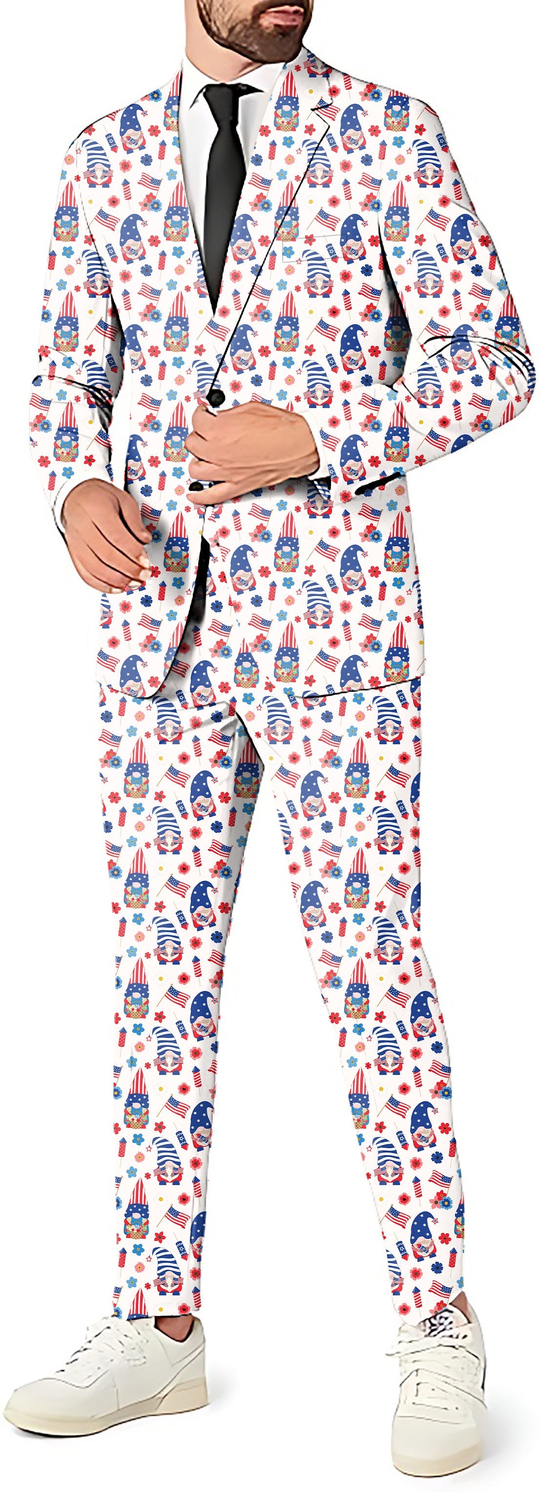 America Christmas men's party suit with blazer, pants, and vest featuring festive holiday print