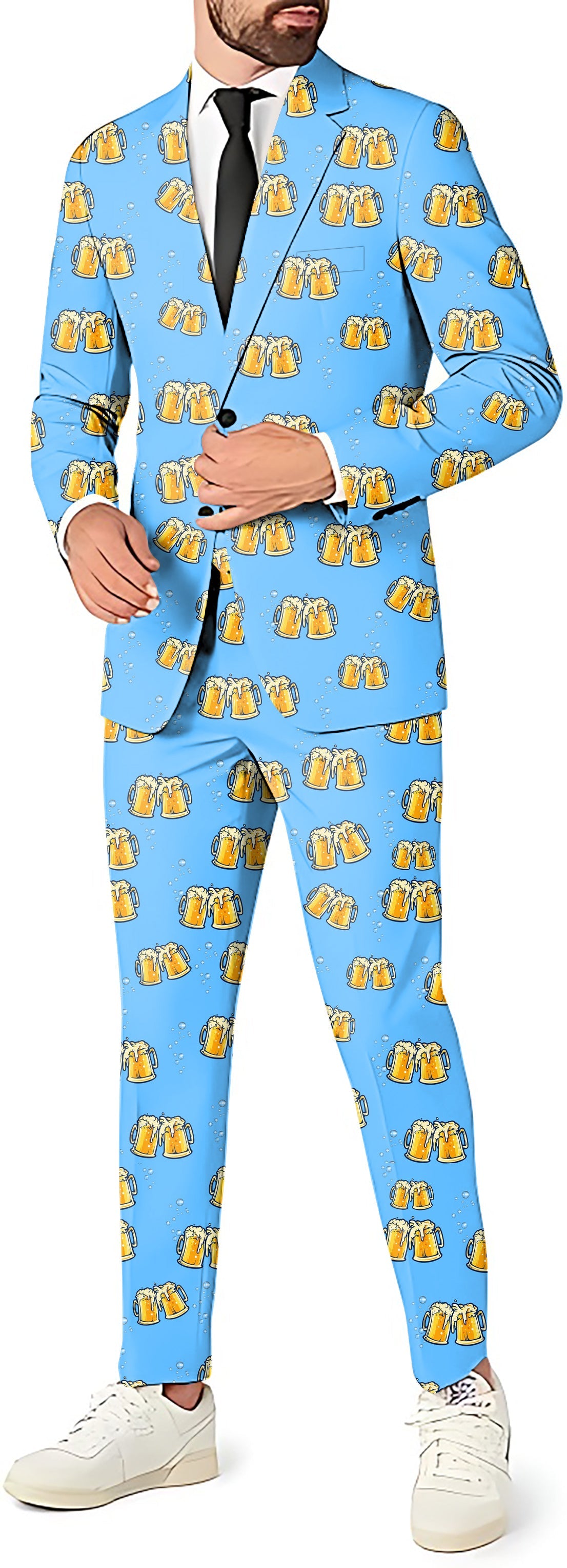 Cheers Beer Men party costume suit set with blazer, pants, and vest in blue with beer mug pattern