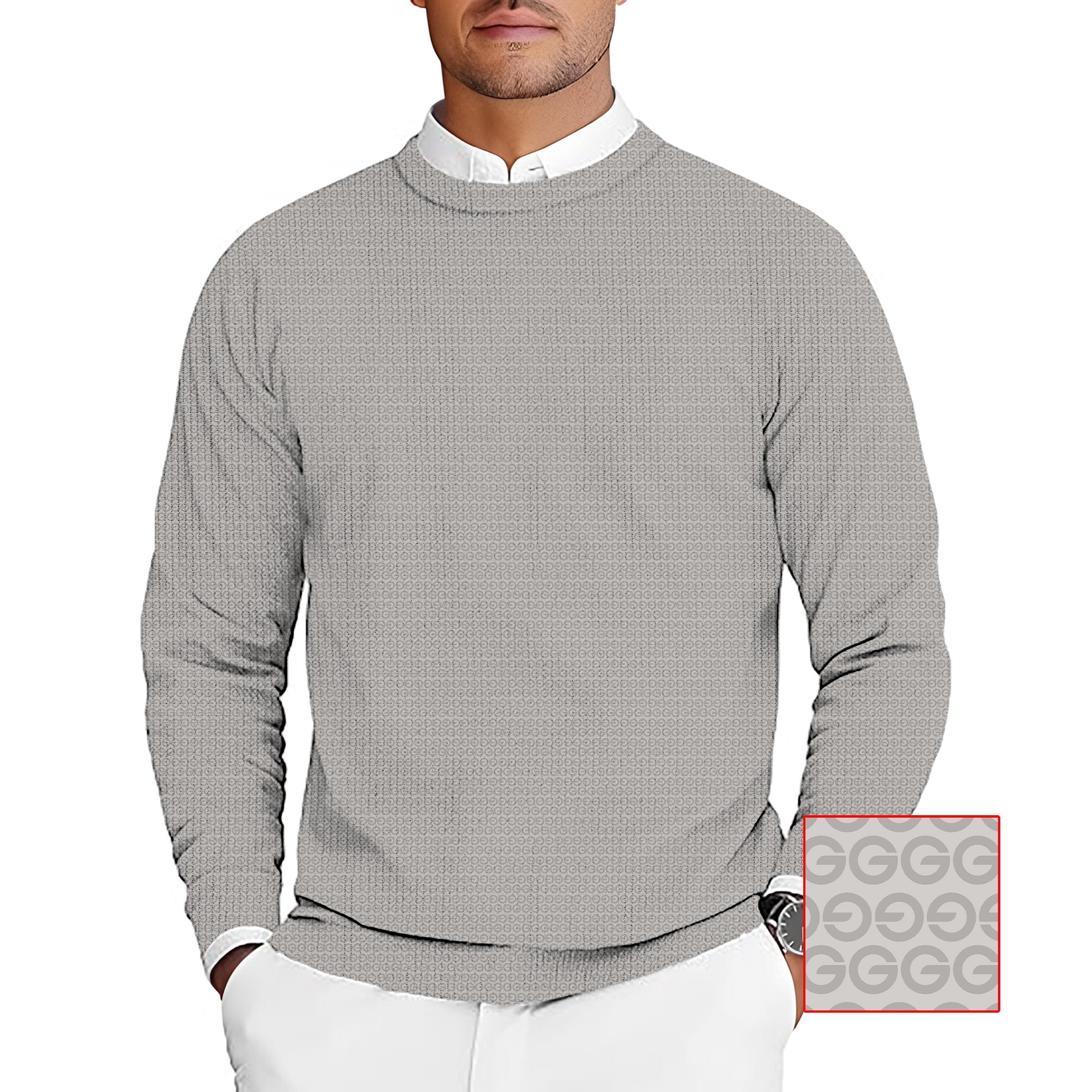 Beige G men's golf crewneck pullover sweater with custom logo pattern