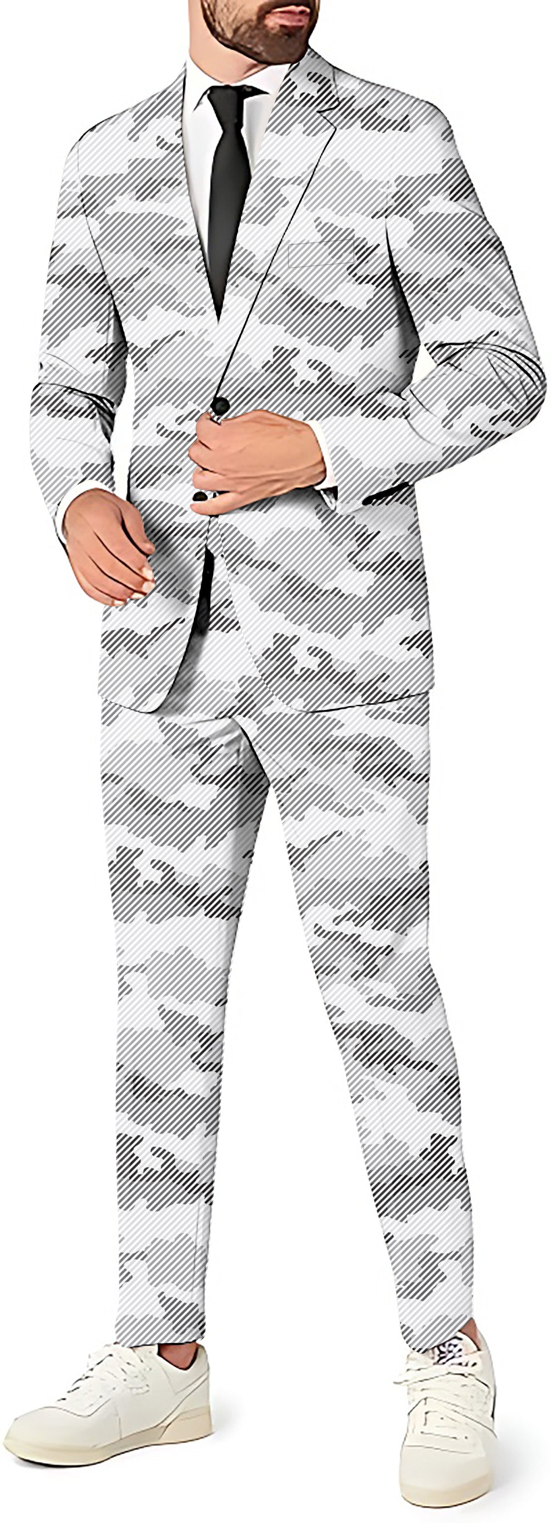 Snow camo men's party suit with blazer, pants, and vest in slim fit design