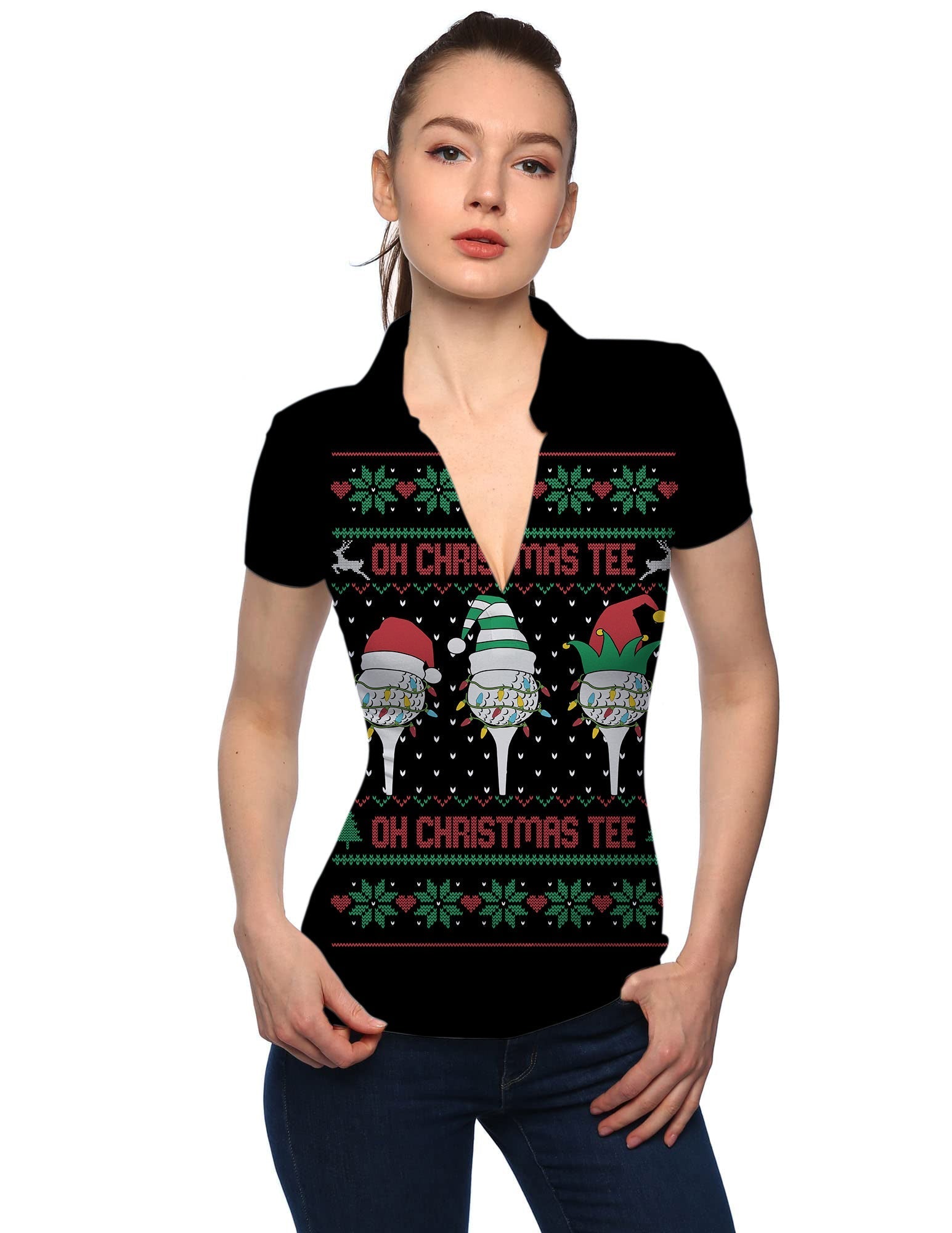 Women's Black-Christmas golf polo with V-neck and festive design featuring Christmas gnomes