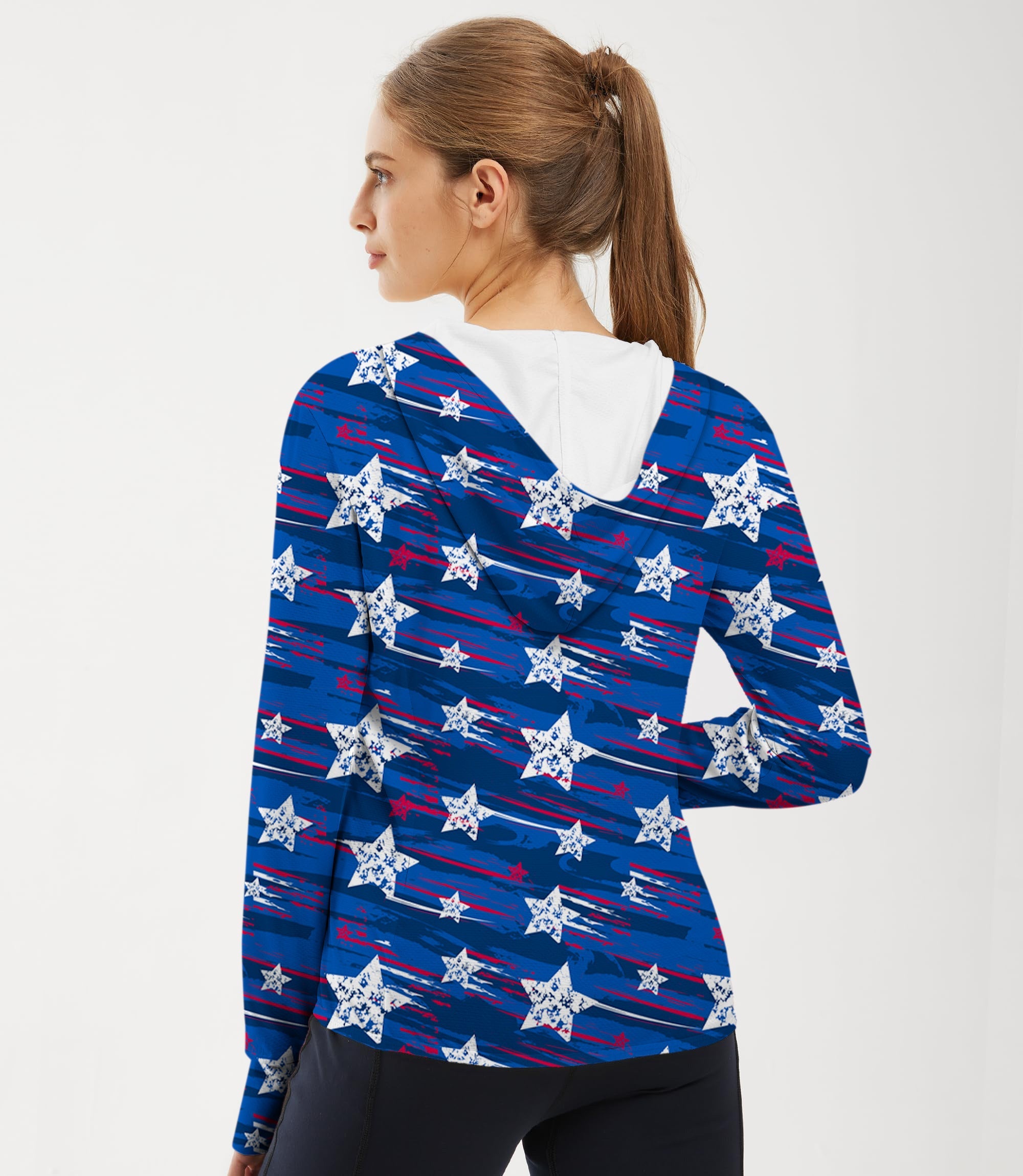 Women's outdoor slim fit zip hoodie with American star pattern for sun protection and active wear