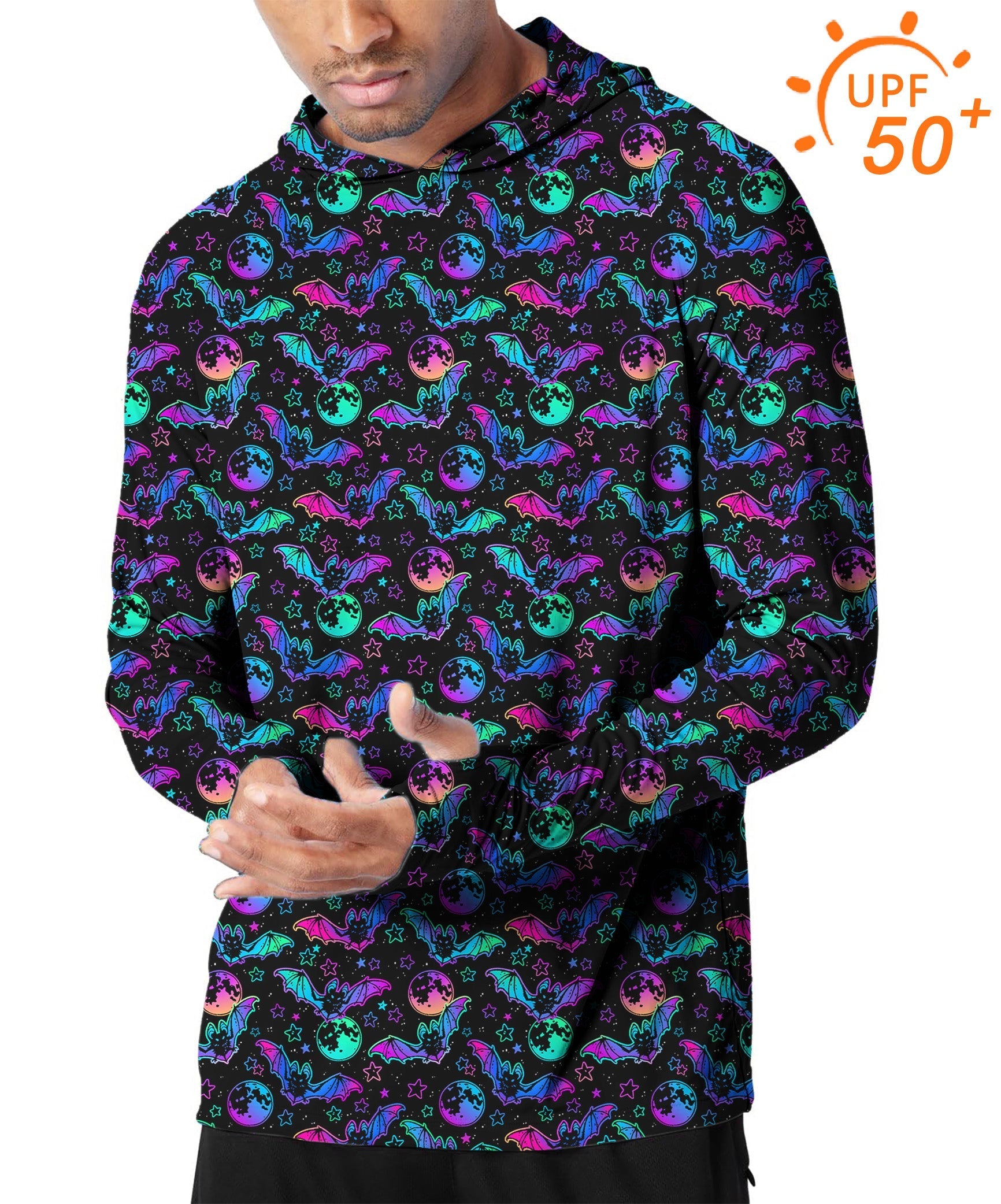Men's slim fit outdoor hoodie with Halloween bat and moon print, UPF 50+ sun protection, moisture-wicking breathable fabric