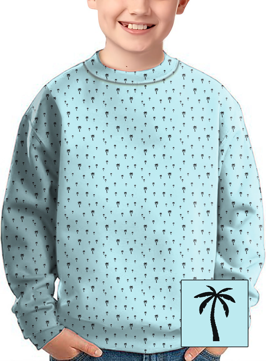 light blue crewneck pullover with palm print for kids, custom golf team uniform option