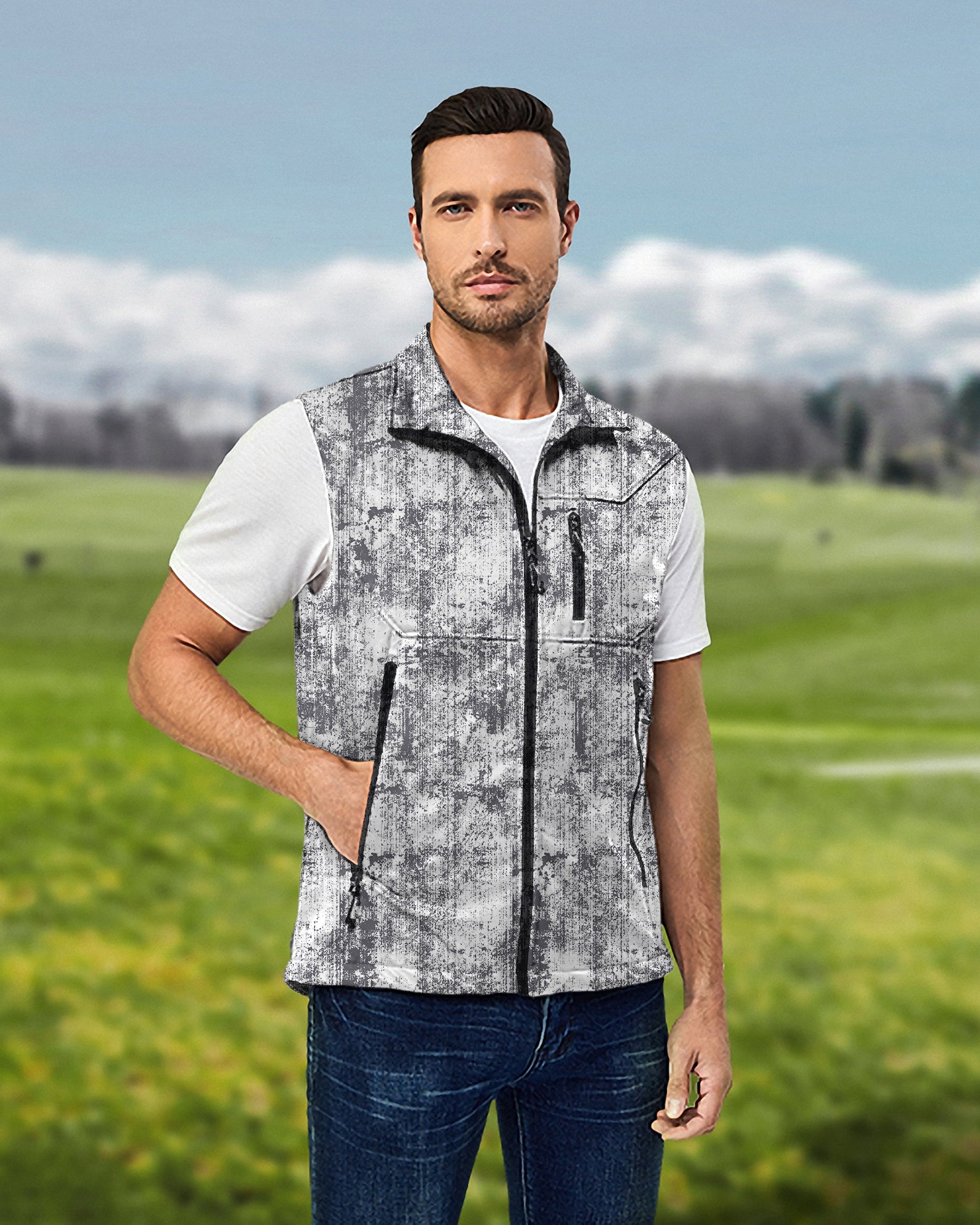 Men's Gray Line Lmpression Lightweight Softshell Vest Sleeveless Jacket for Golf Windproof Waterproof