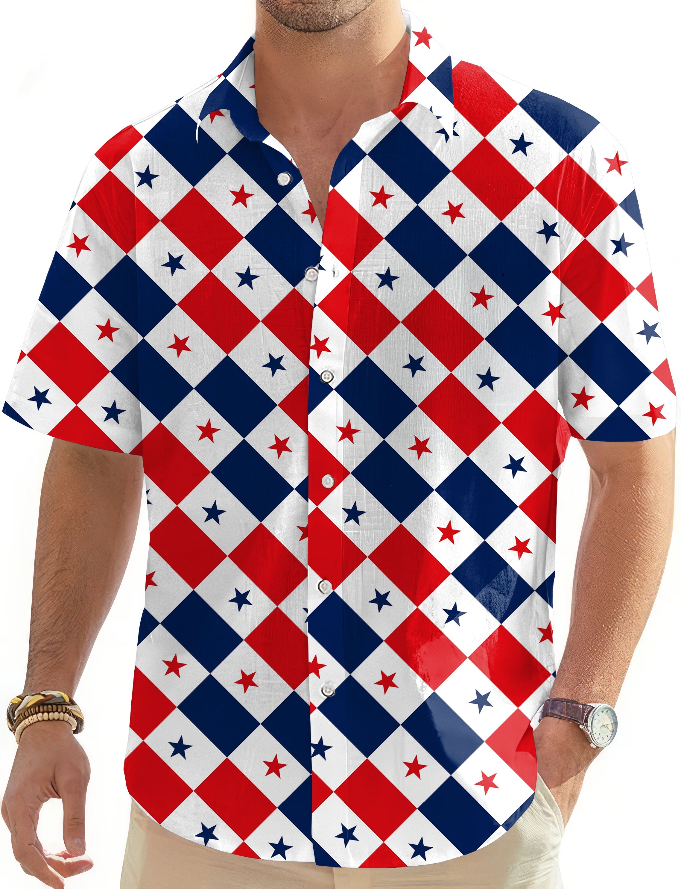 Men's Argyle US Star flag button-down Hawaiian golf shirt with red, white, and blue star pattern