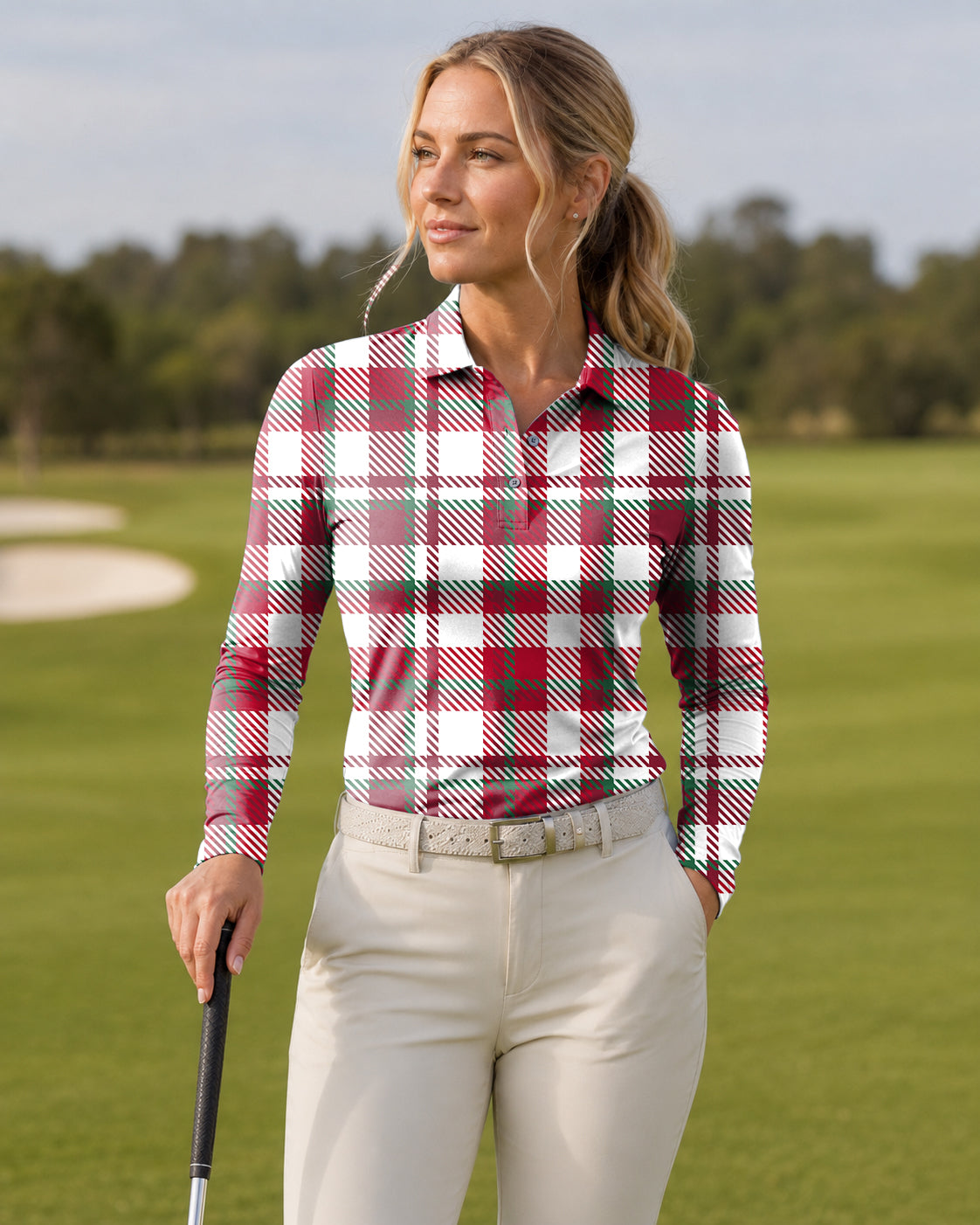 Christmas stripes Women's Long-Sleeved Golf Polo