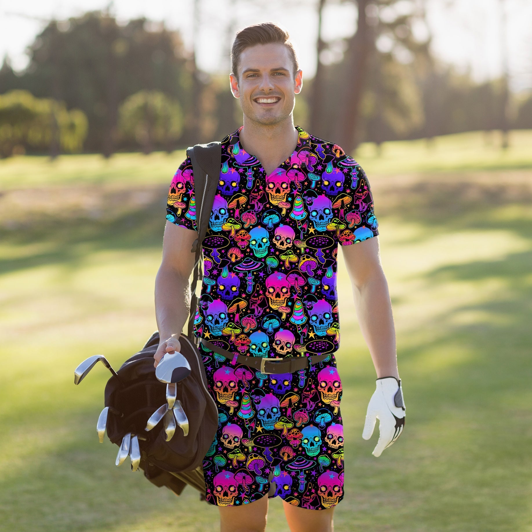 Men's golf set polo and shorts with neon skull pattern, moisture-wicking, UPF 40+, four-way stretch, wrinkle-resistant, classic fit