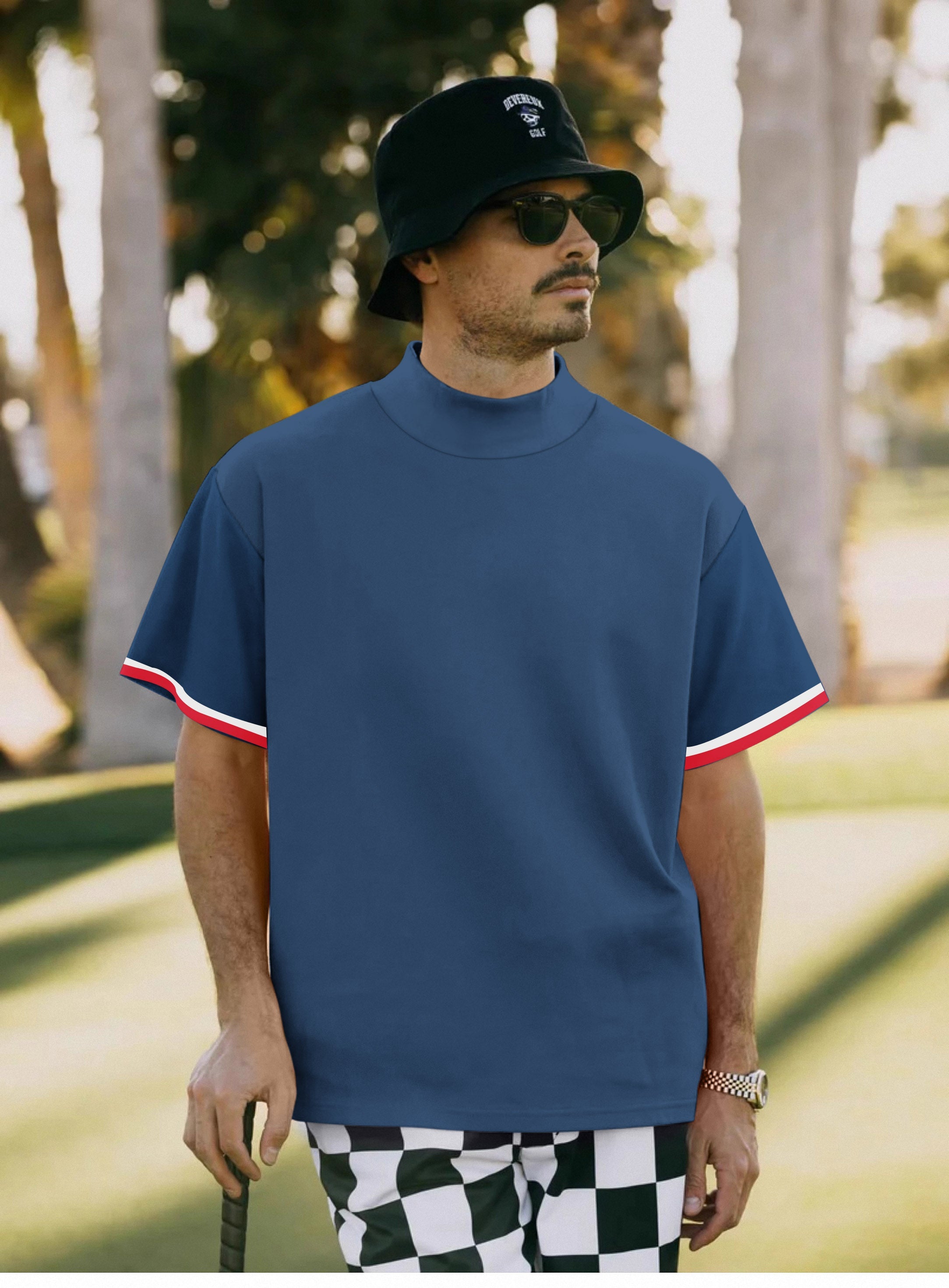 Men's navy red white stripe series pullover high neck short sleeve T-shirt with custom golf uniform design