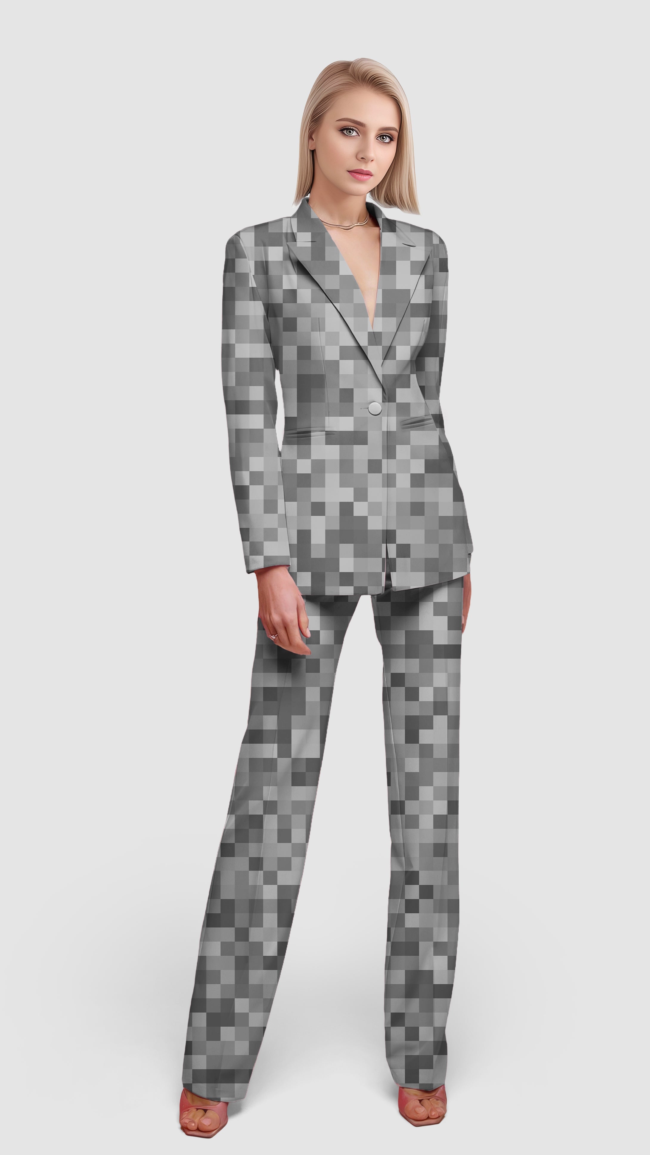 Grey pixel big women's blazer and matching pants suit set for casual and office wear