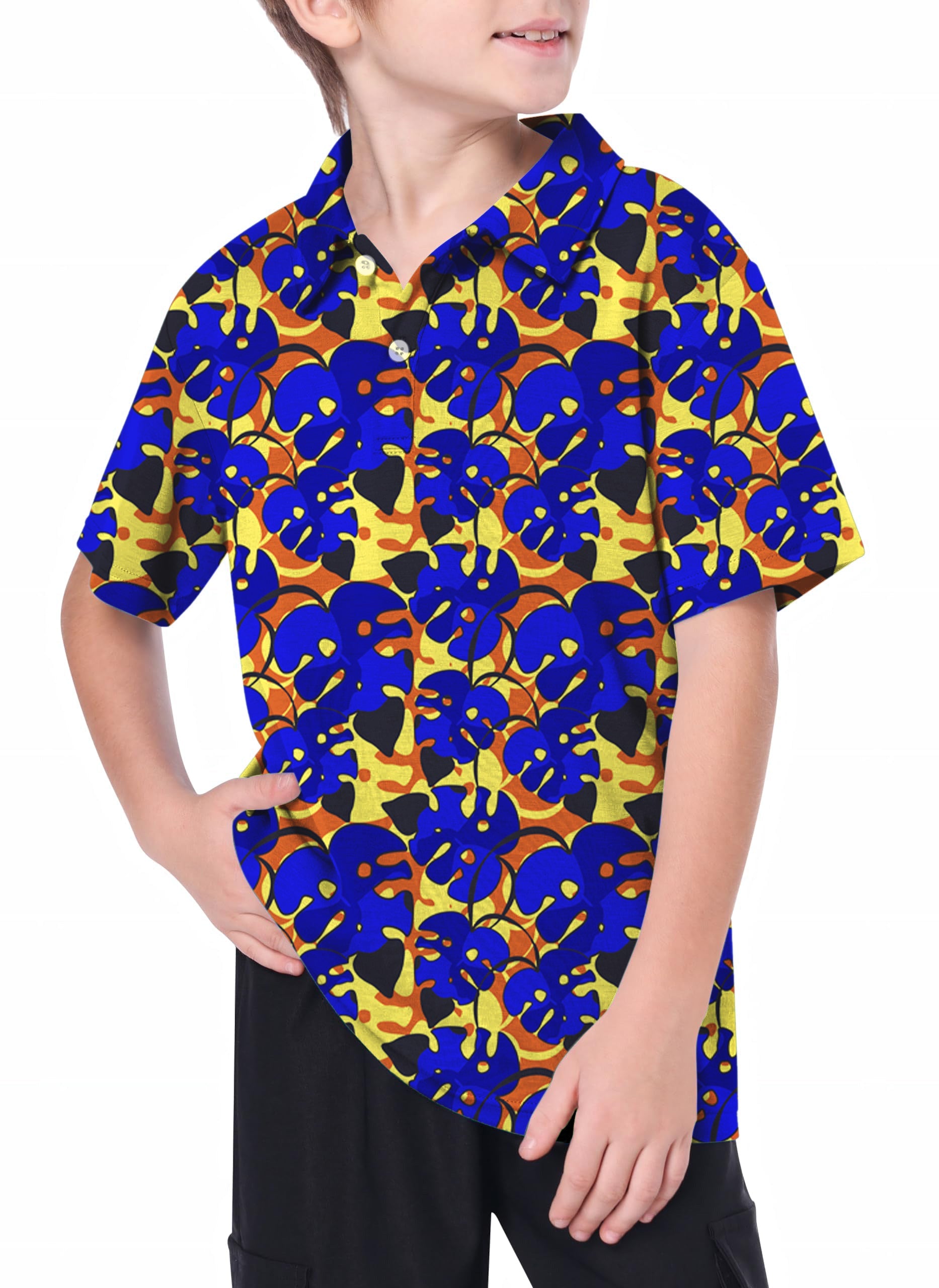 Youth tropical leaves golf polo shirt for kids with blue and yellow leaf pattern