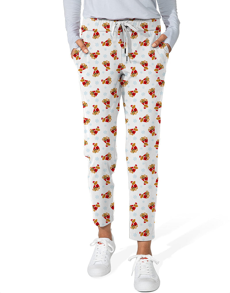 Women's Christmas Teddy Bear stretch ankle golf pants with pockets and adjustable waist