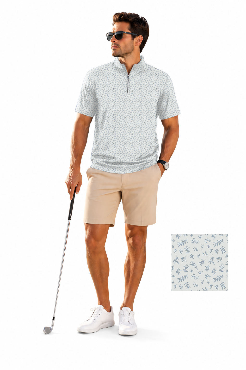Men's Short Sleeve Quarter Zip Golf Pullover Leaves And Fruits Embroidery