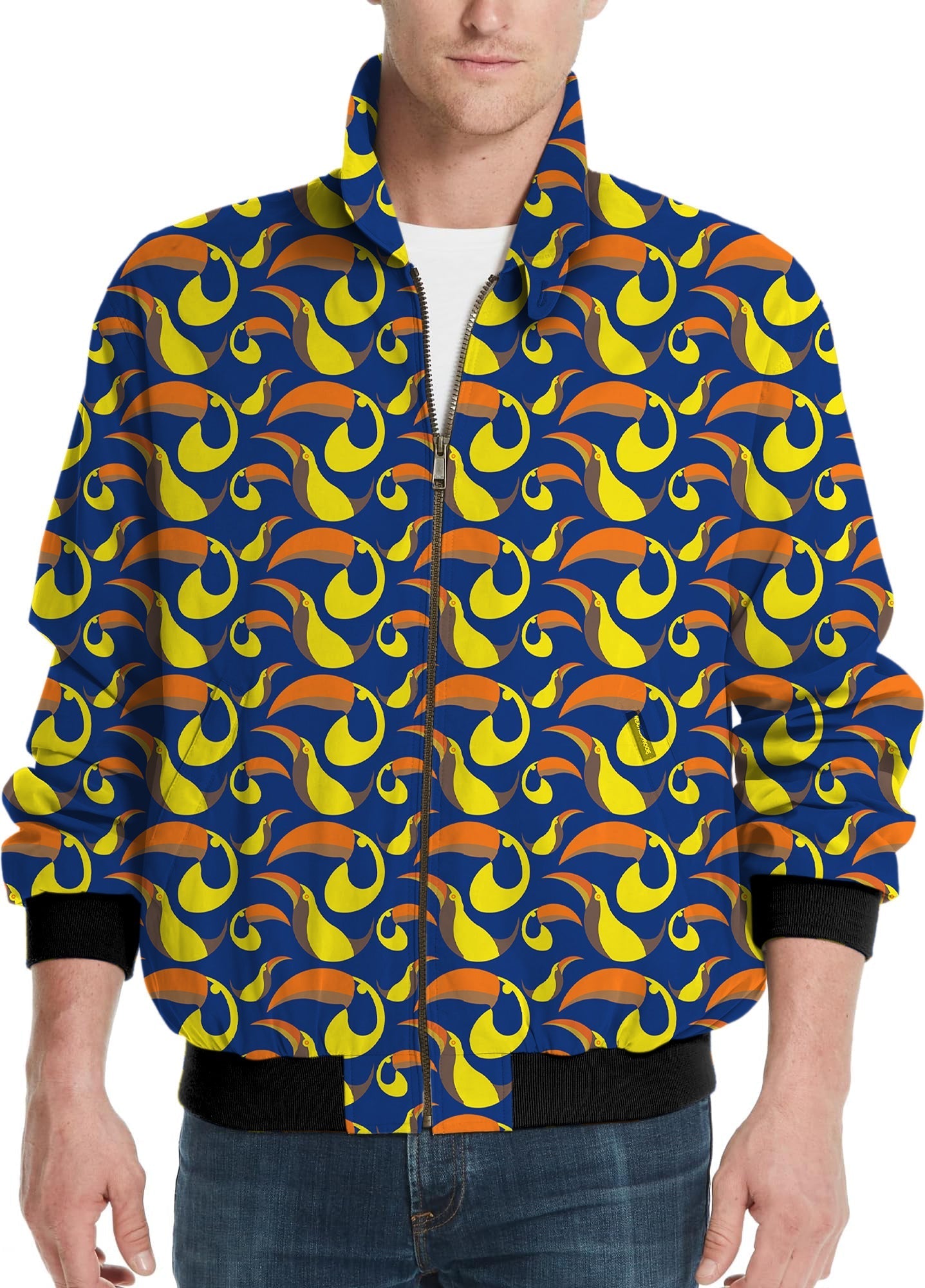 men's golf windbreaker light jacket with colorful abstract pattern and black cuffs