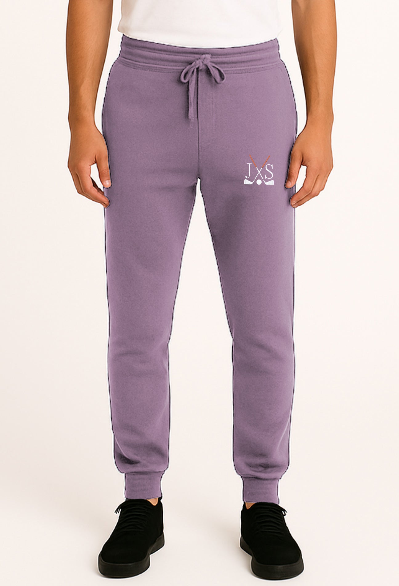 Purple embroidery solid color plus size sports sweatpants with drawstring and golf club initials design