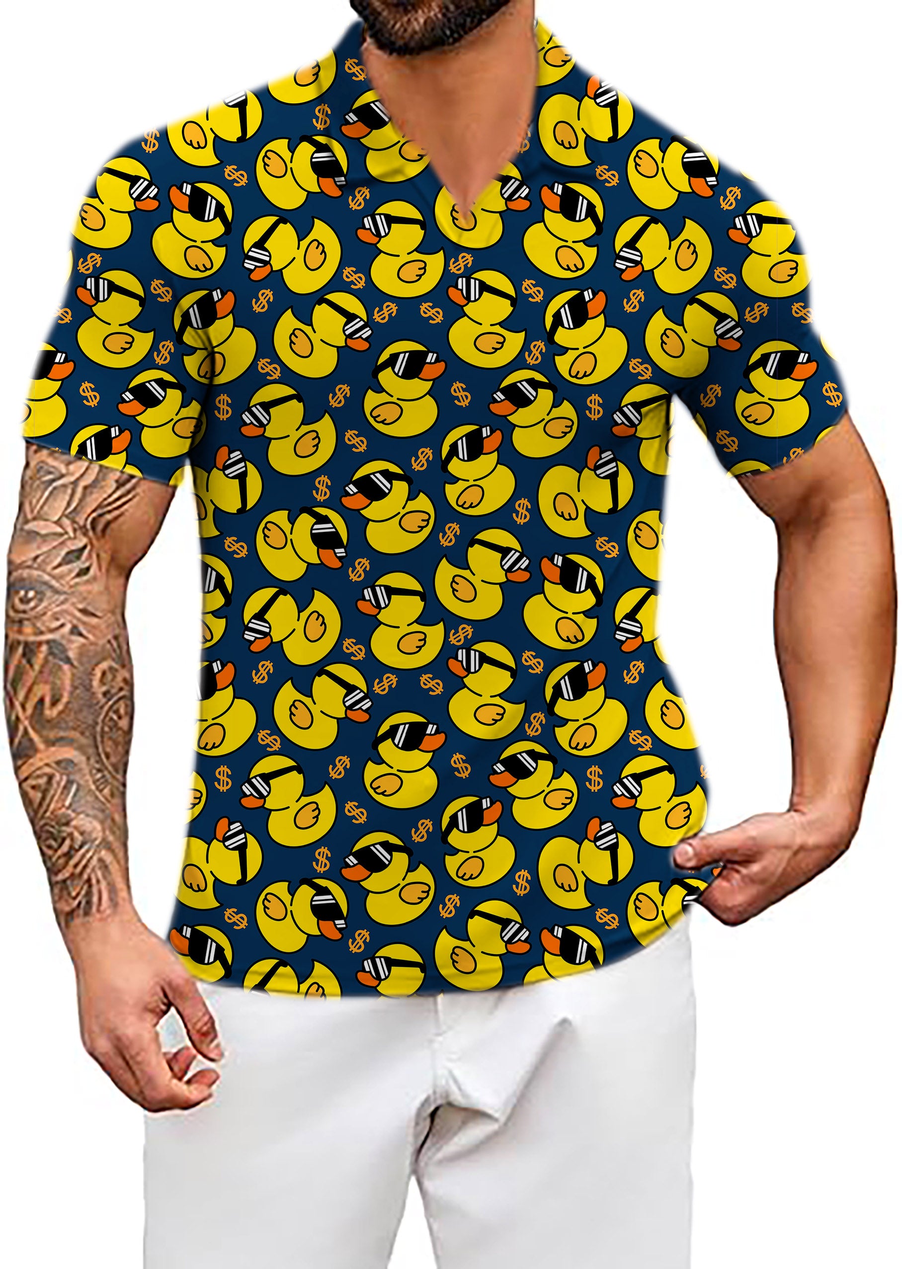 Men's Yellow duck V Neck Golf Polo Shirts