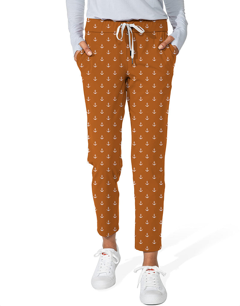 Orange Anchor Women's 7/8 stretch ankle golf pants with anchor print and drawstring waist