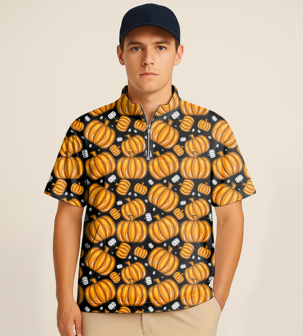 Half zipper turtleneck golf shirt with Halloween pumpkin embroidery and short sleeves