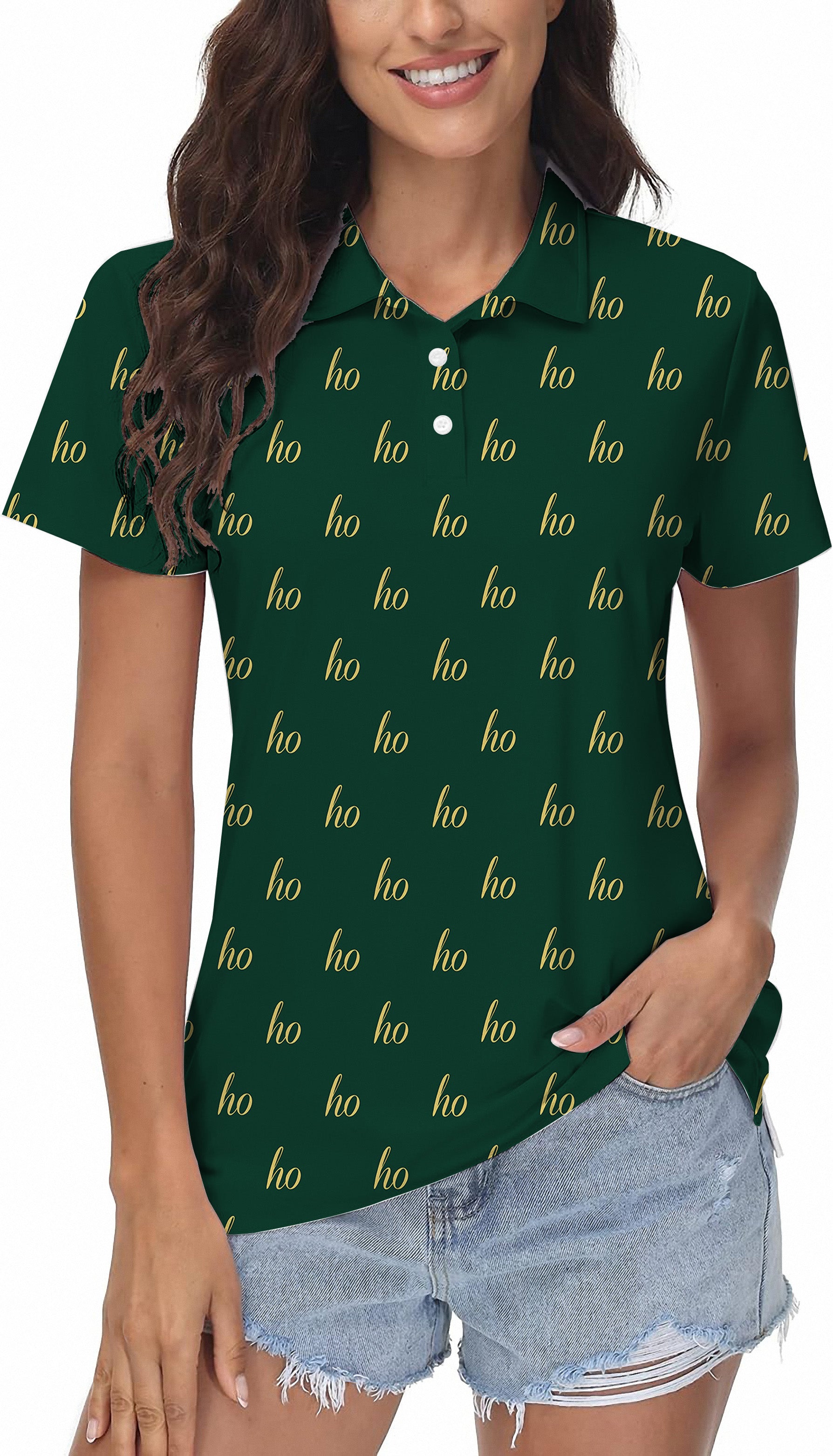 Dark green custom name women's Christmas golf polo with stretch, moisture-wicking fabric, and wrinkle resistance