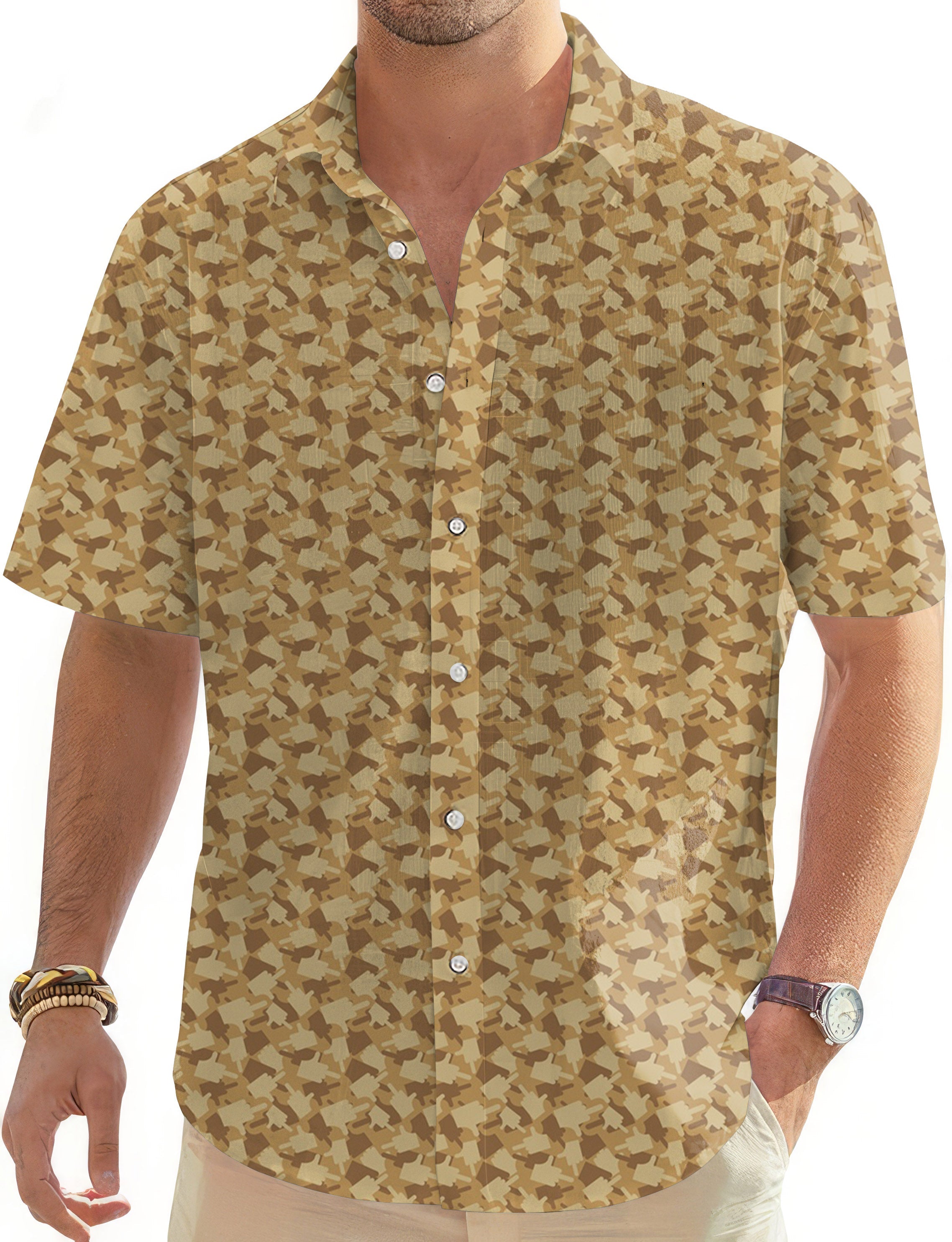 Men's short sleeve button-down Hawaiian shirt with middle finger funny print in beige tones