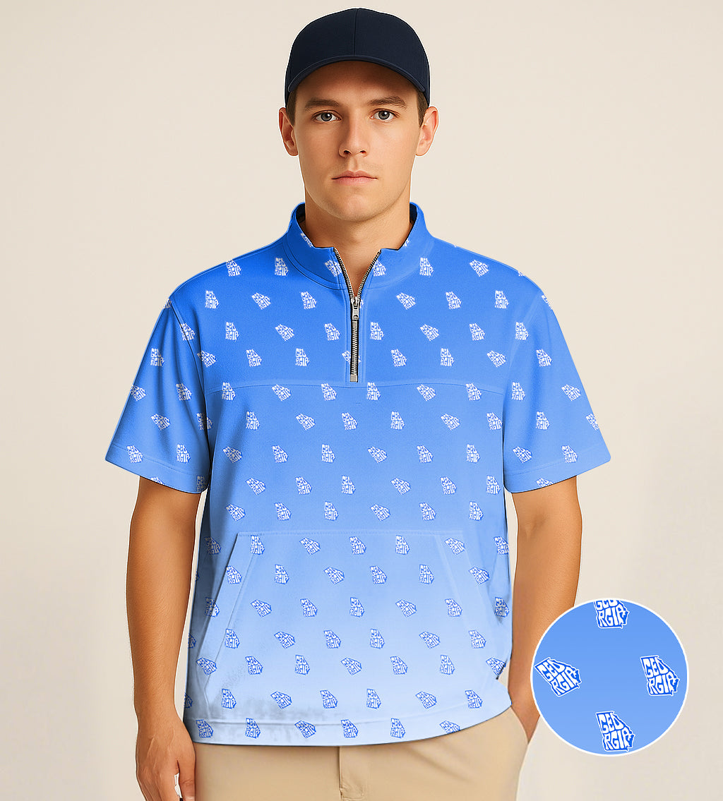 Men's Short Sleeve Quarter Zip Golf Pullover Blue Georgia Embroidery