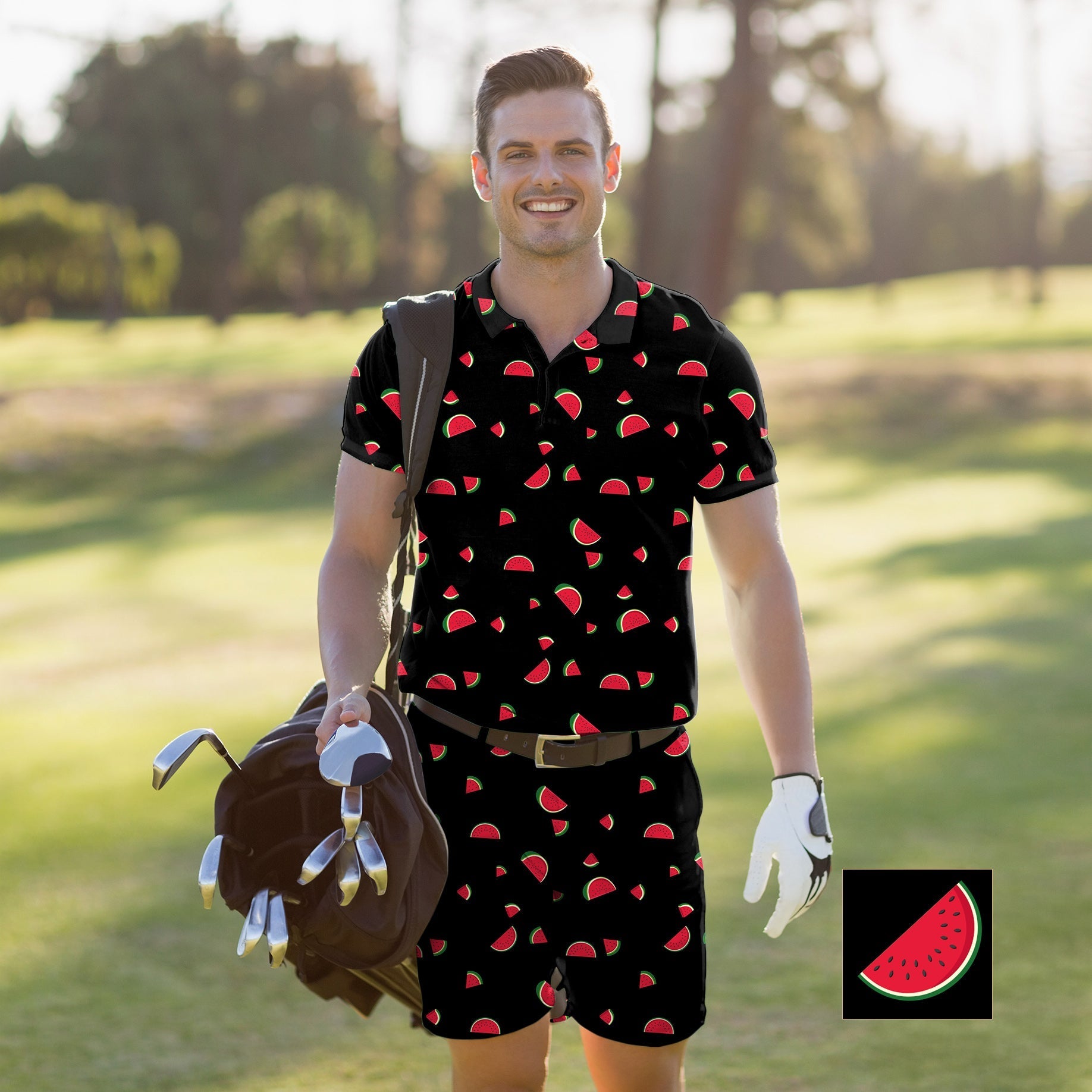 Men's golf set with black polo and shorts featuring watermelon print on golf course