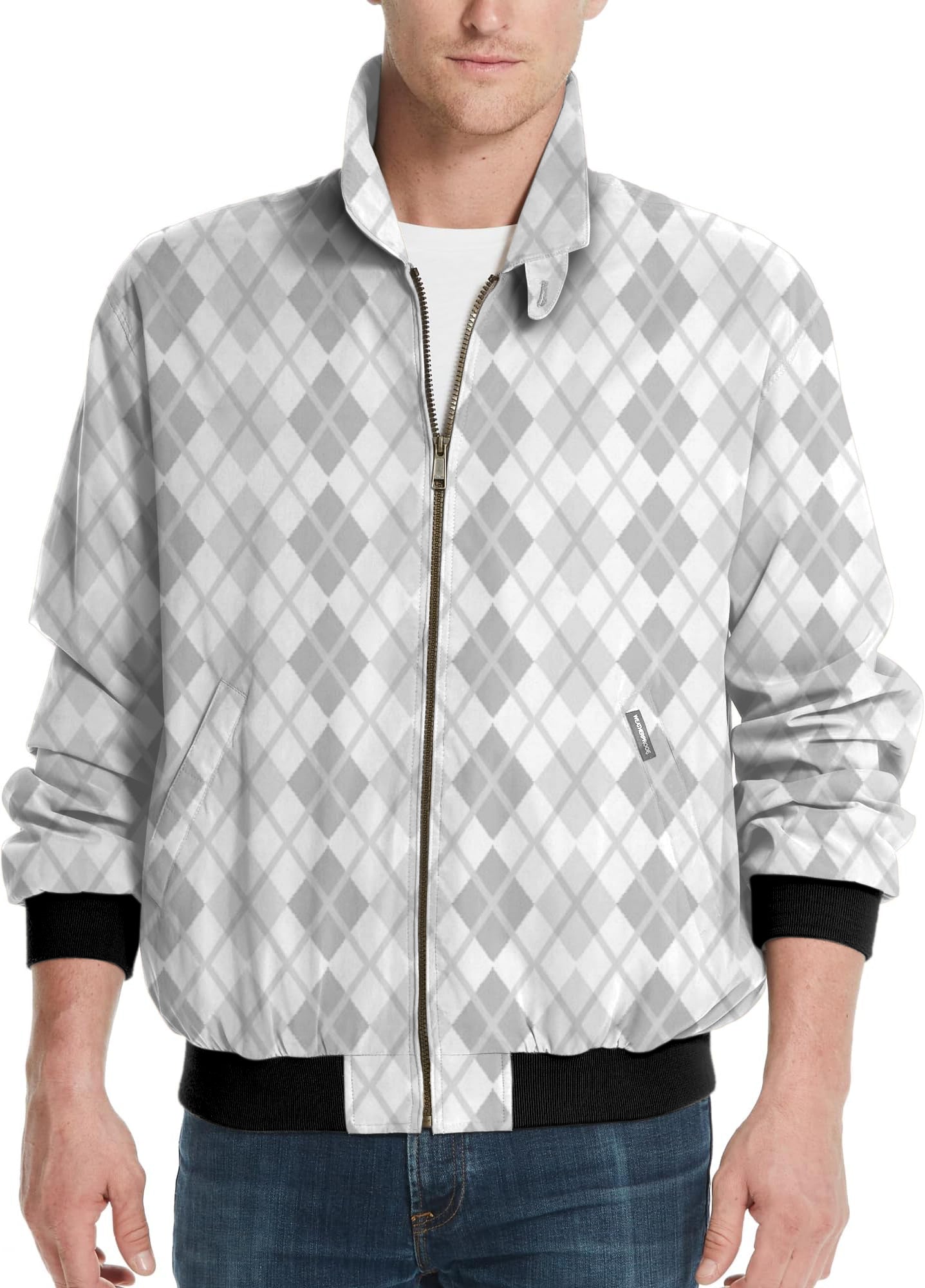 Men's Argyle grey grid golf windbreaker light jacket with front zipper and black cuffs