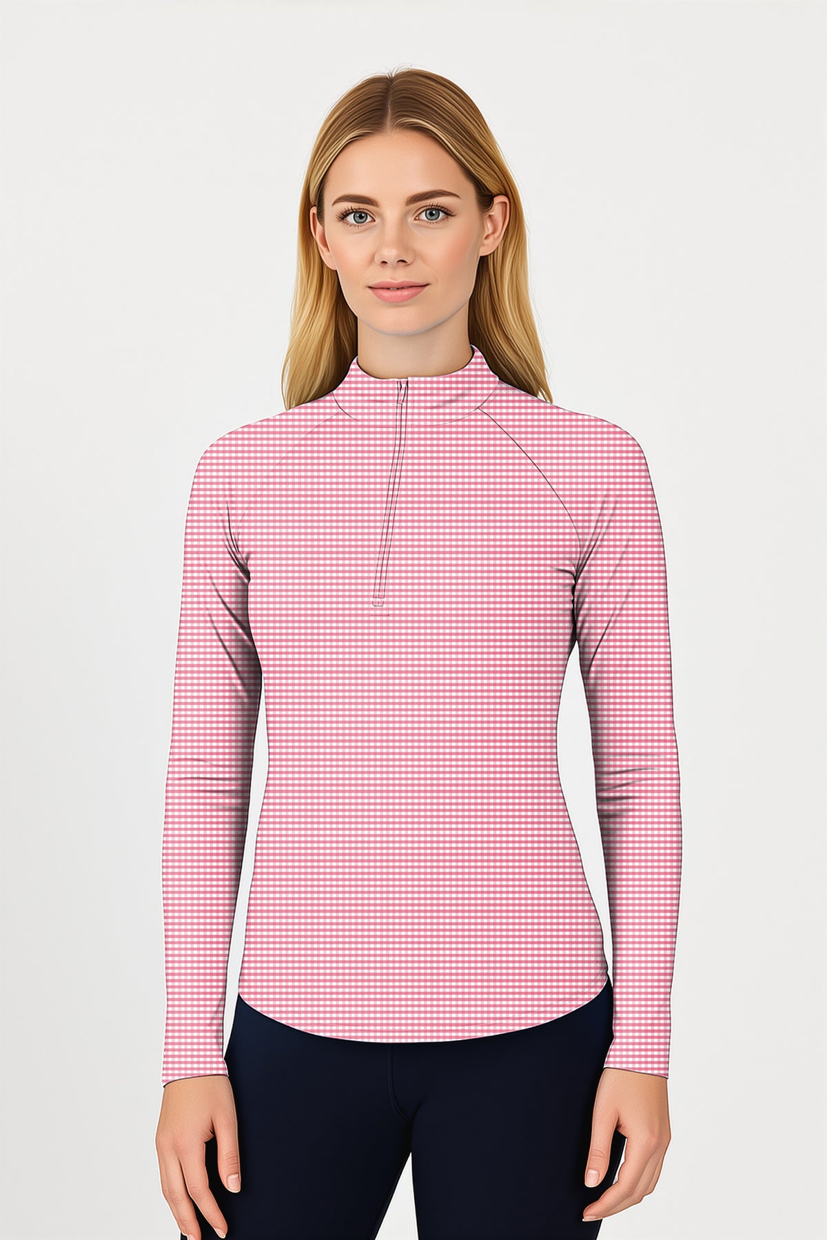 Pink striped and checkered squares Women's Golf Active 3/4 Zipper Top Long Sleeves