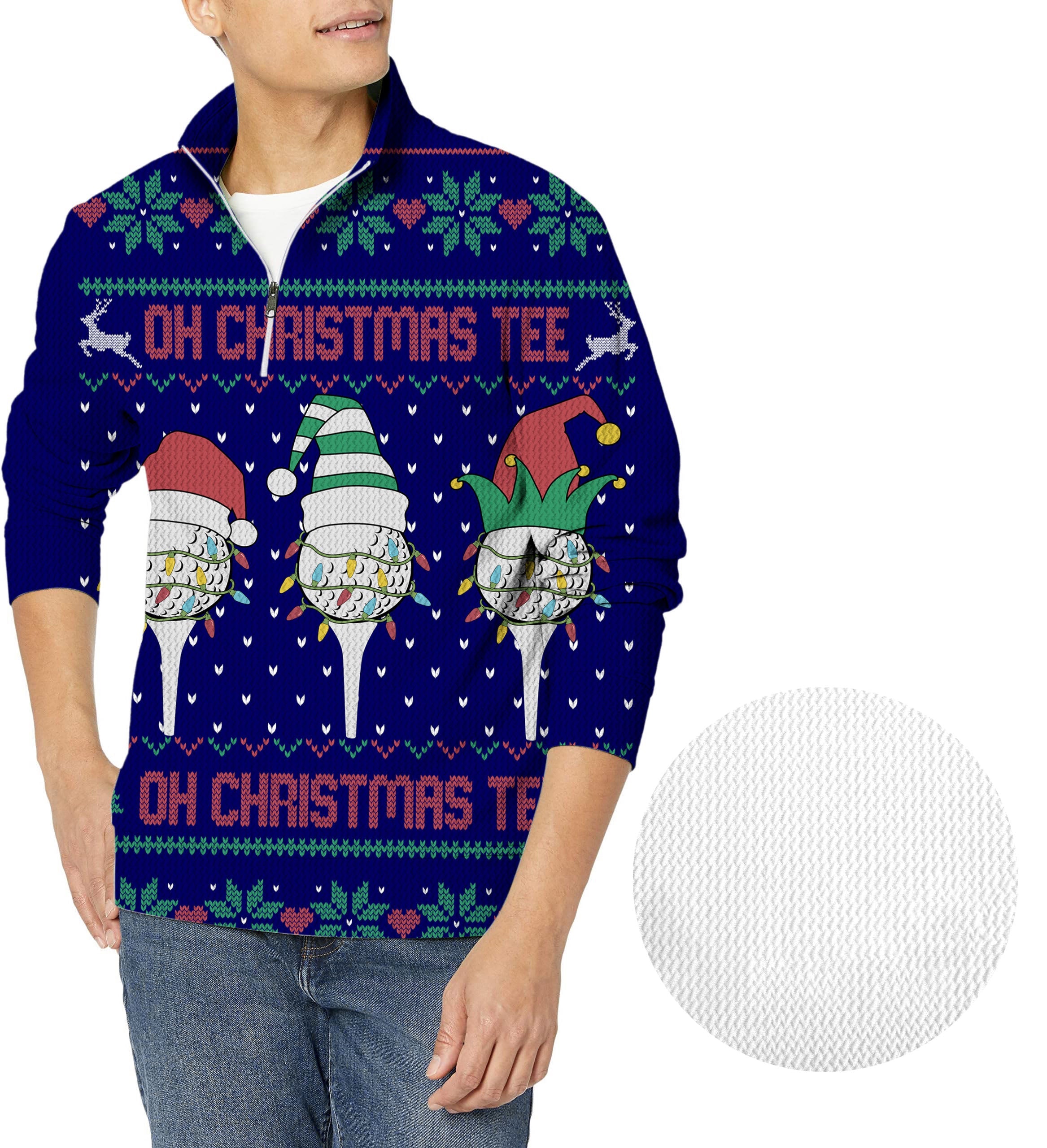 Navy-Christmas custom face men's golf waffle zipper pullover with festive design