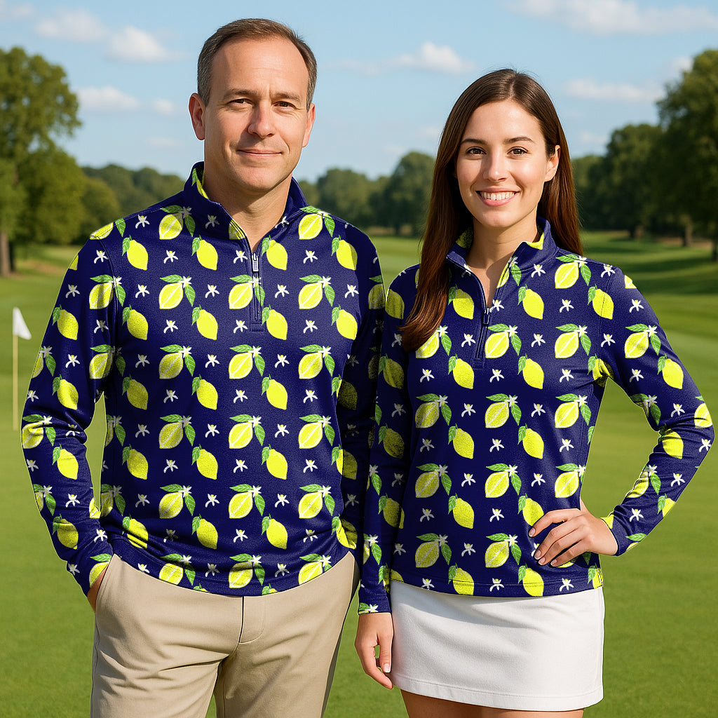 Zesty Lemon couple golf active 3/4 zip tops with lemon print, lightweight, sun-safe, and stretchy fabric