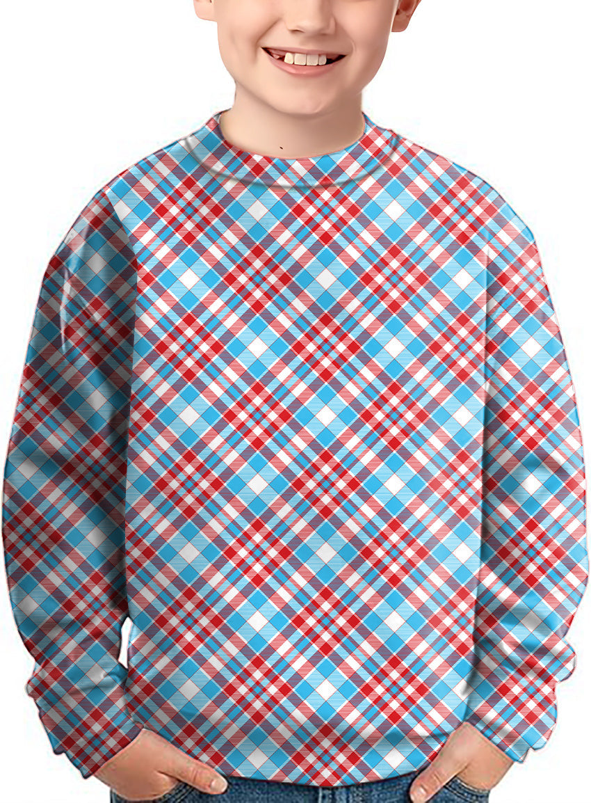 Kid wearing Argyle red blue crewneck pullover with plaid pattern