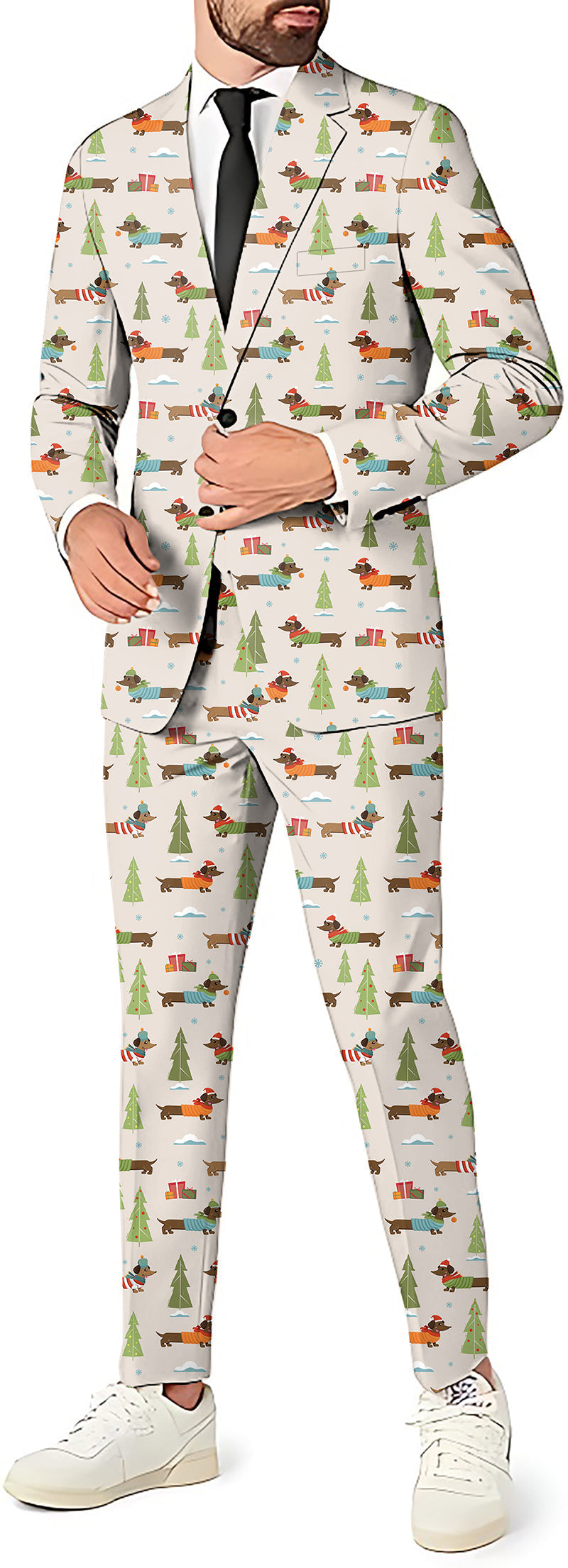 Christmas Dachshund men's party costume featuring blazer, pants, and vest with festive dog and tree print