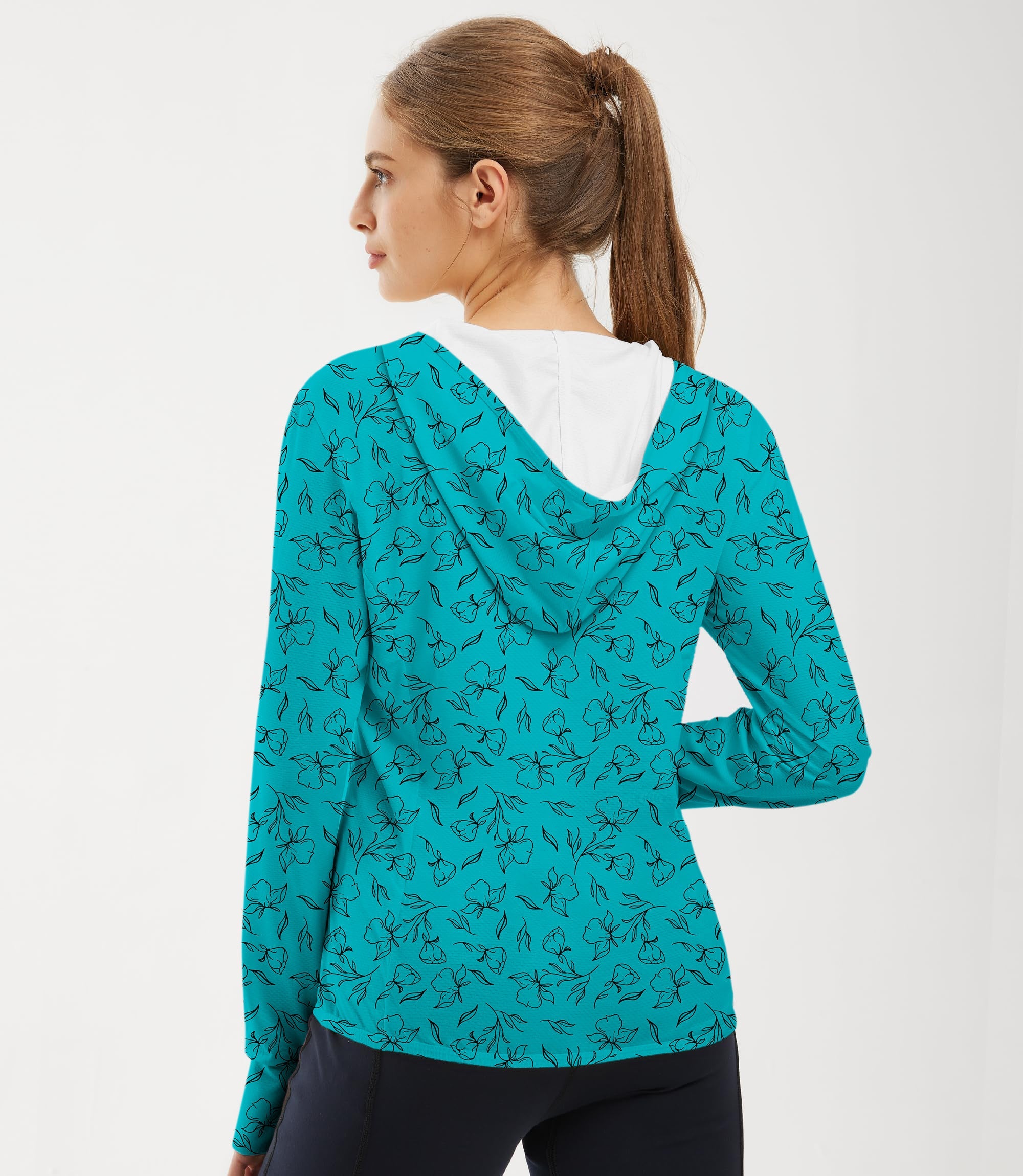 Women's outdoor flowers teal zip hoodie with sun protection and slim fit design