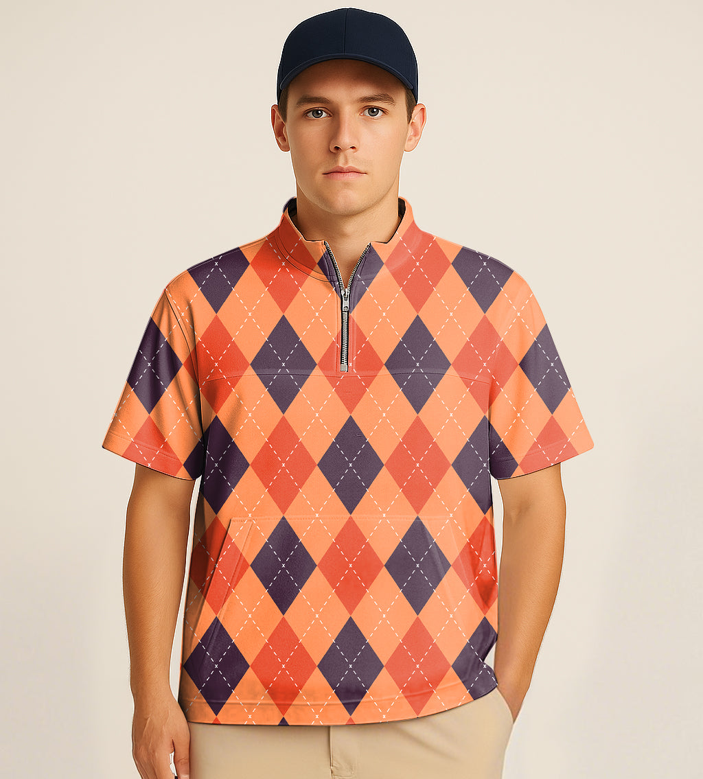 Half zipper turtleneck golf shirt with black red orange argyle embroidery, Halloween style