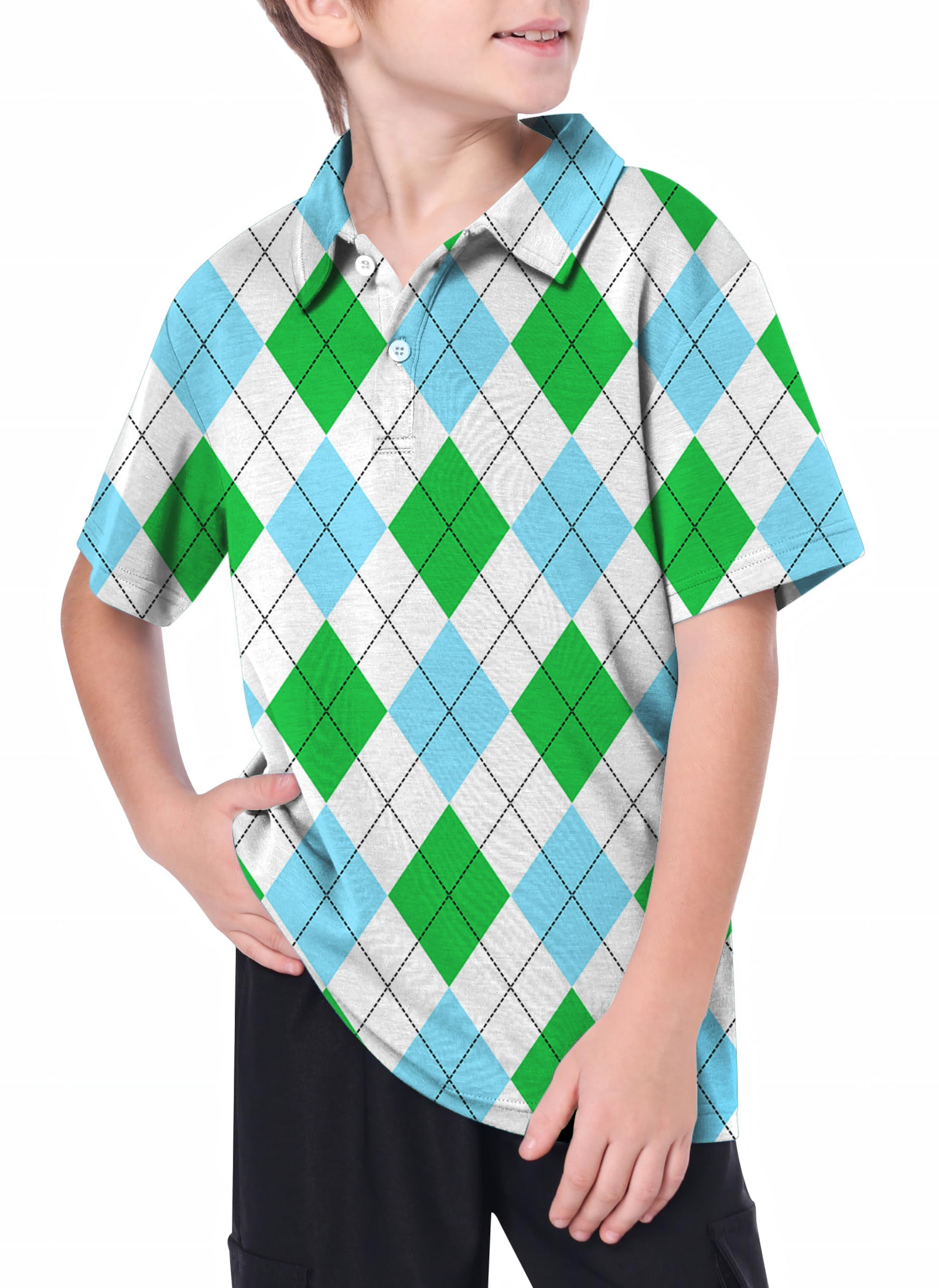 Youth Green diamond grid Golf Polo