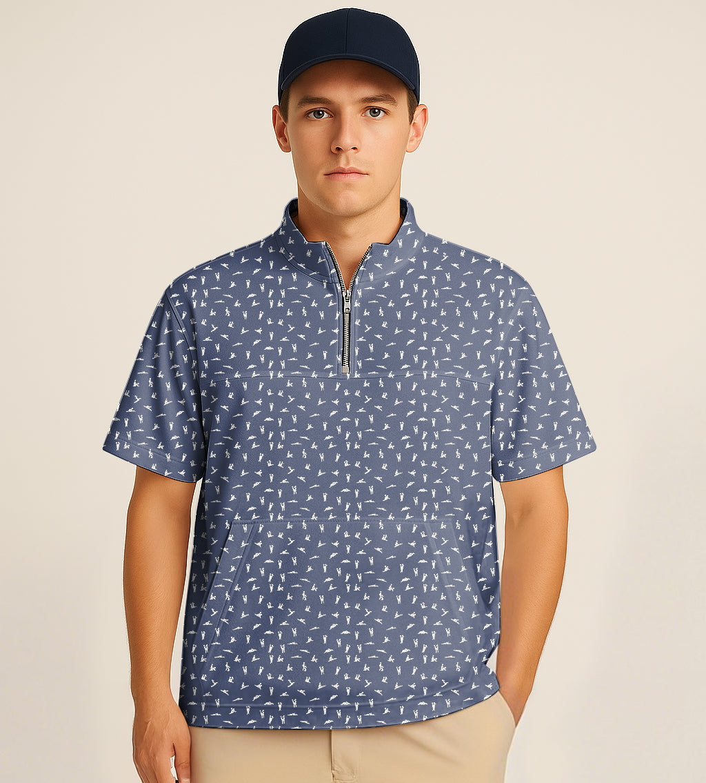Man wearing navy blue half zipper turtleneck golf short shirt with white embroidery pattern and navy cap