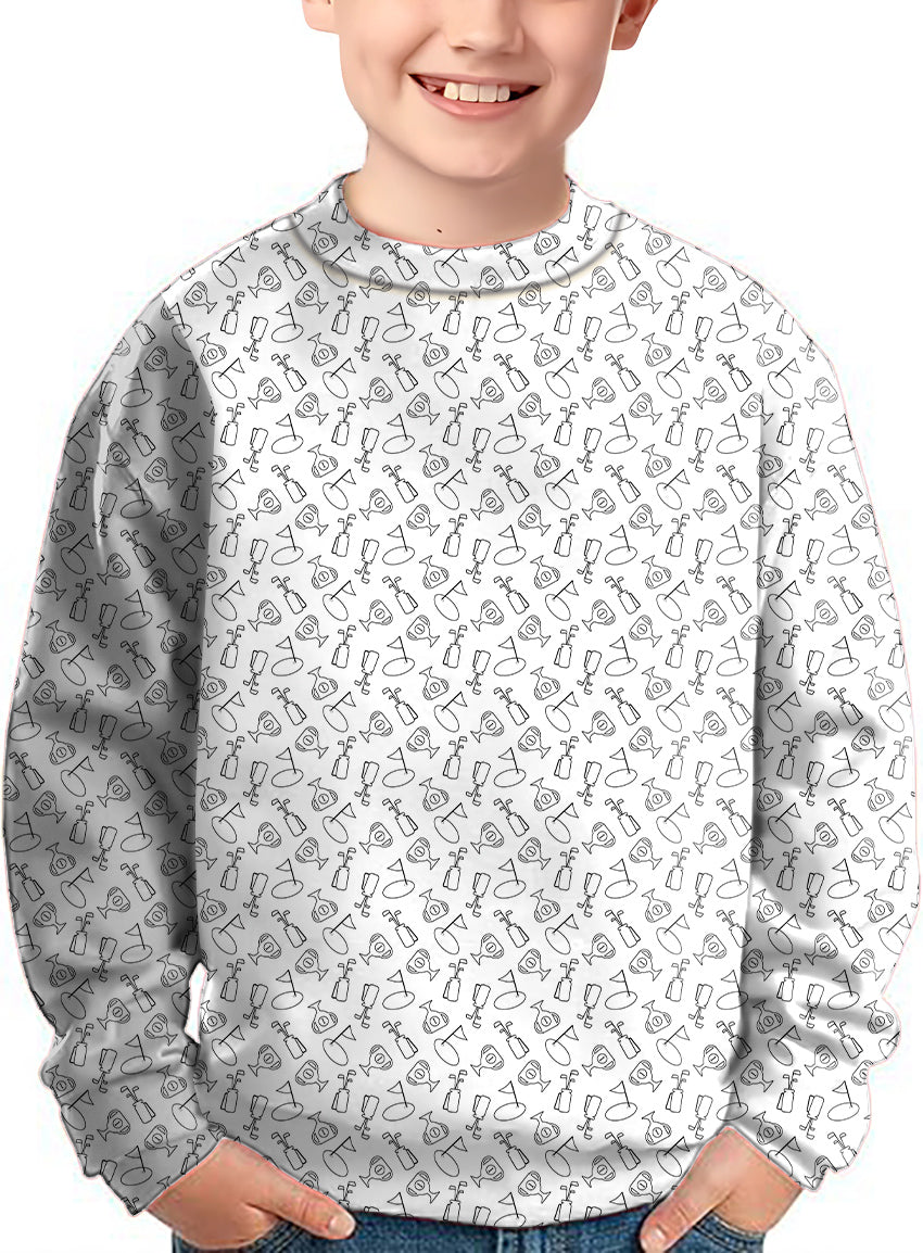 Kids Golf Championship Trophy themed crewneck pullover with golf trophy pattern