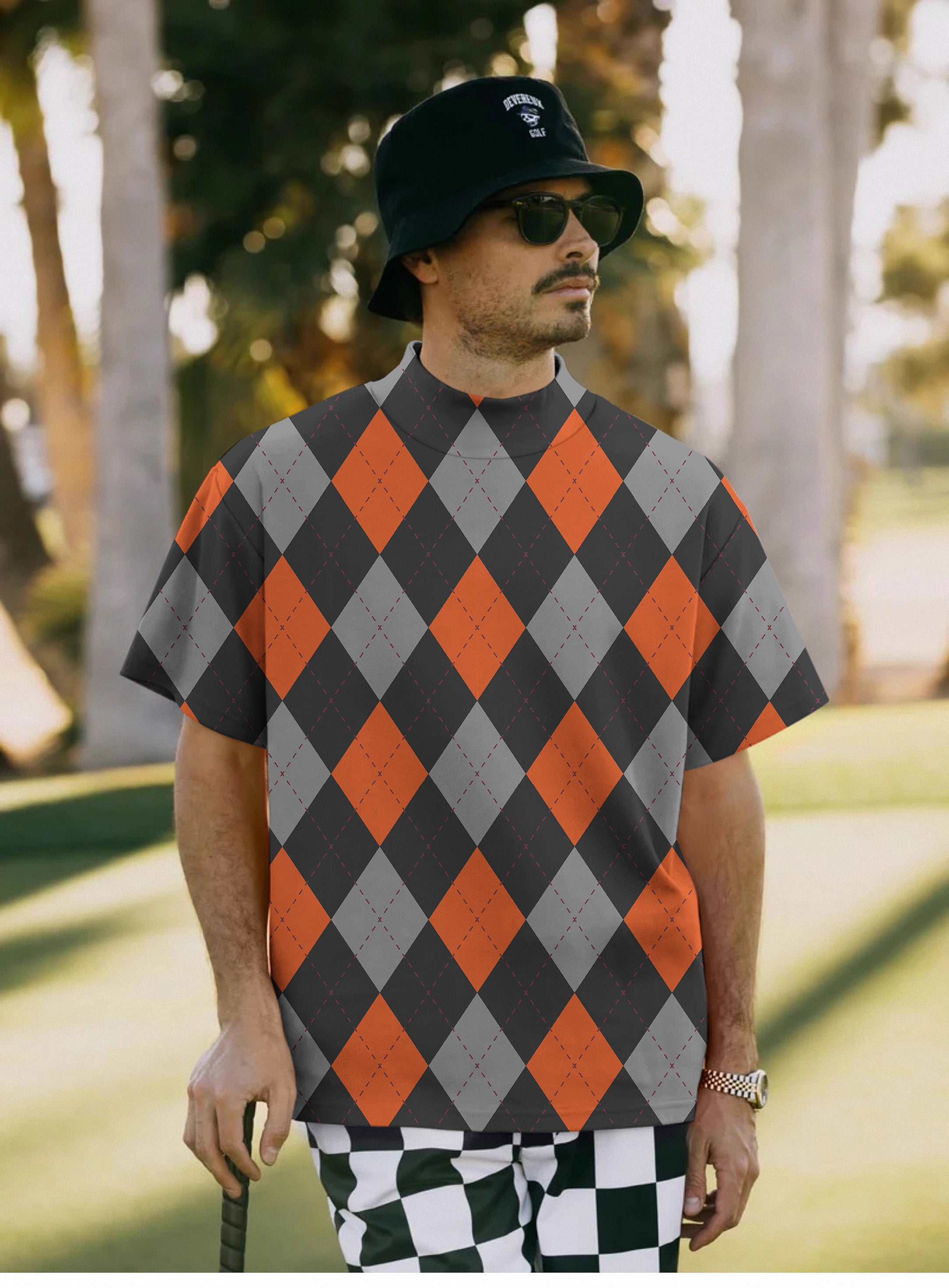 Men's Halloween Black Red Argyle Pullover High neck Long/Short sleeve T-Shirt