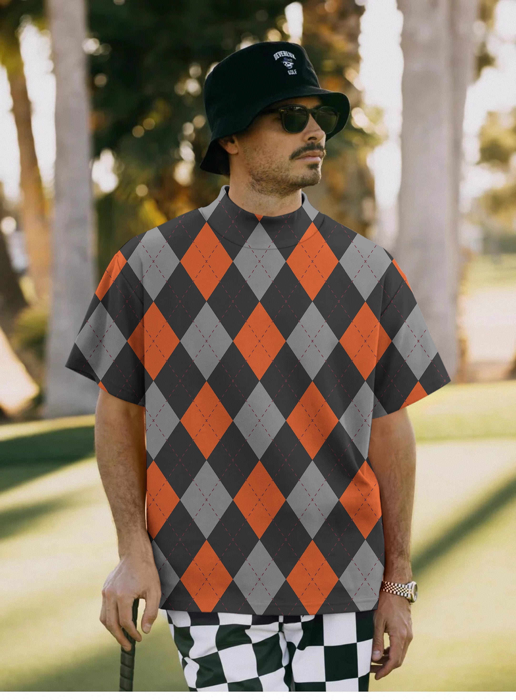 Men's Halloween black red argyle pullover T-shirt with high neck and short sleeves