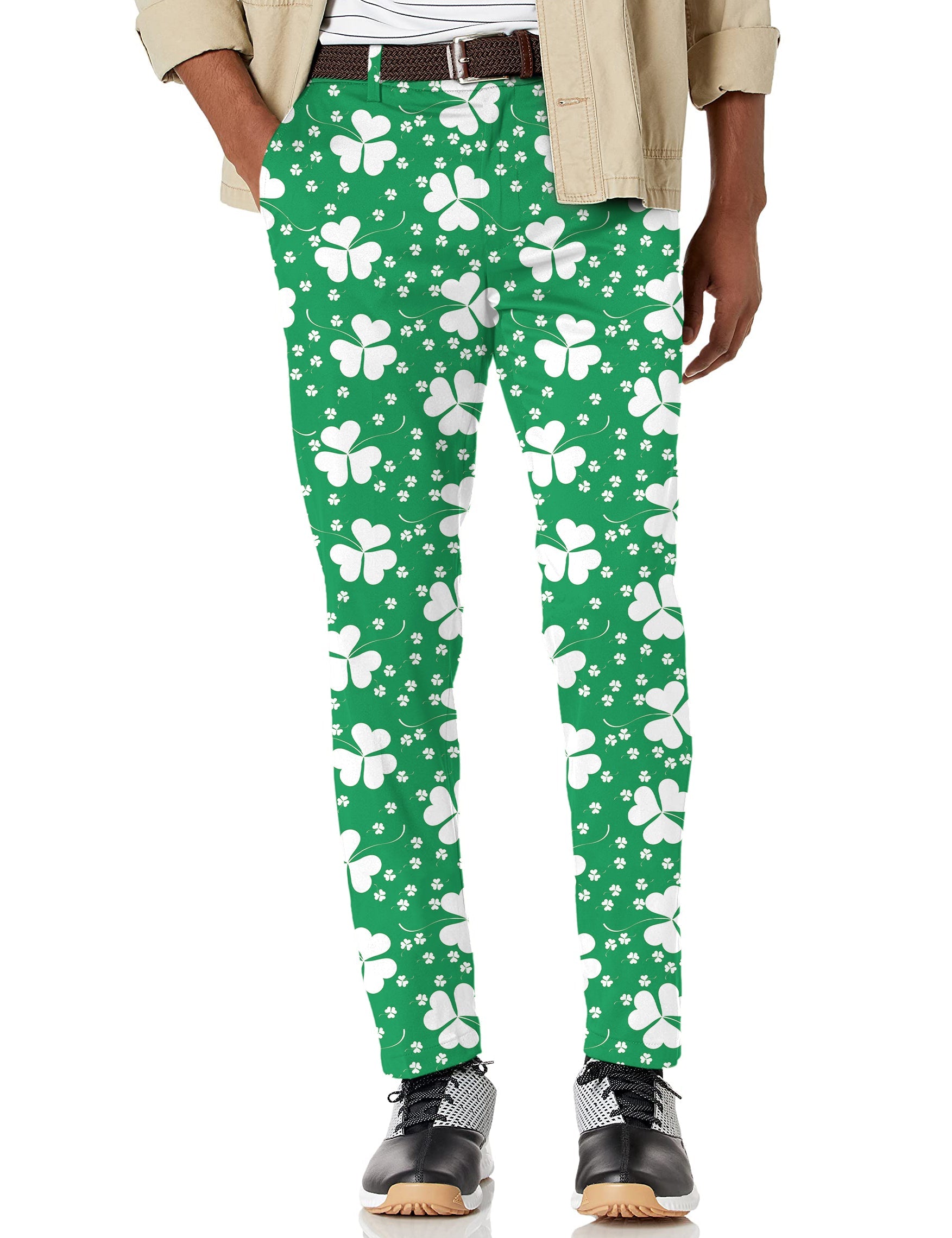 Men's leaf clover stretch golf pants in green with white shamrock pattern