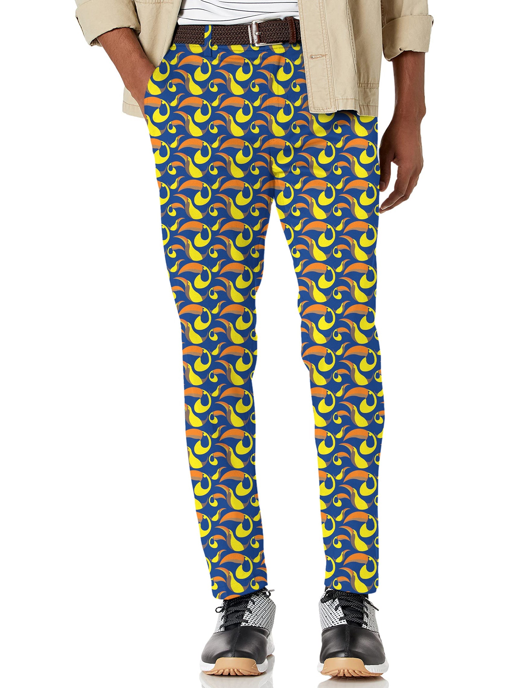 Men's toucan stretch golf pants with moisture-wicking fabric and toucan print design