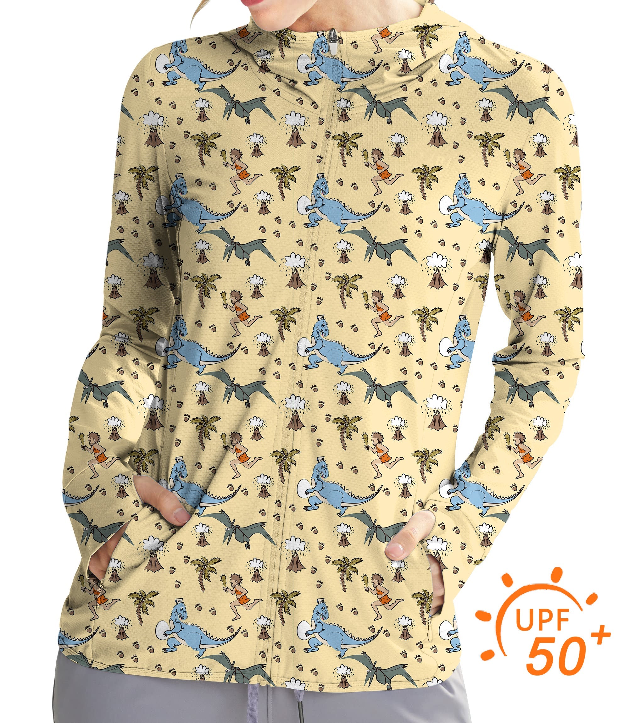 Women's outdoor slim fit zip hoodie with dinosaur and volcano print, UPF 50+ sun protection, moisture-wicking quick-dry fabric, thumb holes, and hood for golf and outdoor activities