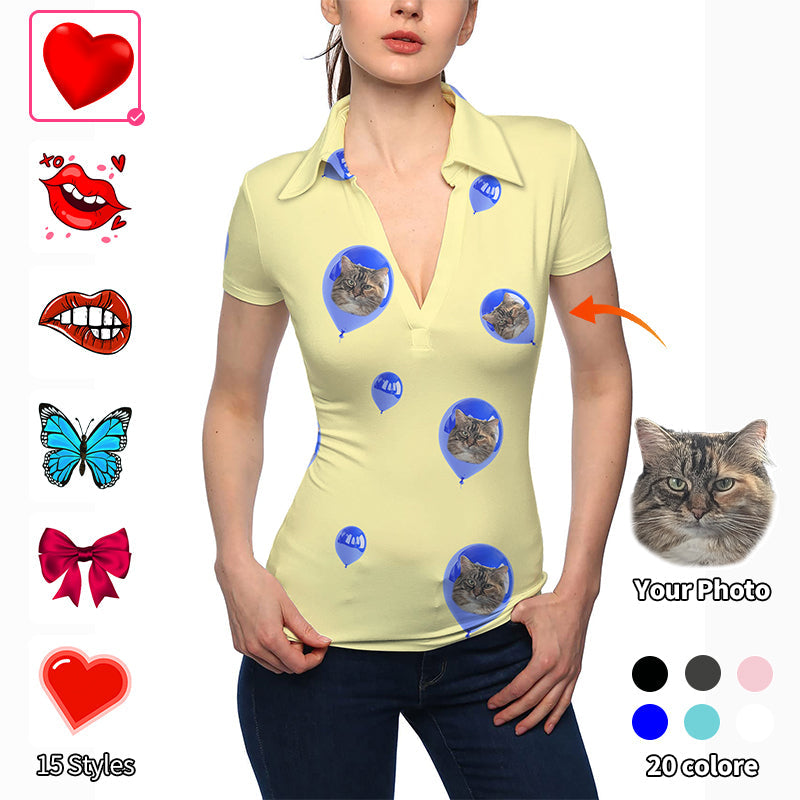 Valentine's Day women's yellow V-neck golf polo with custom cat photo balloons and stand collar design