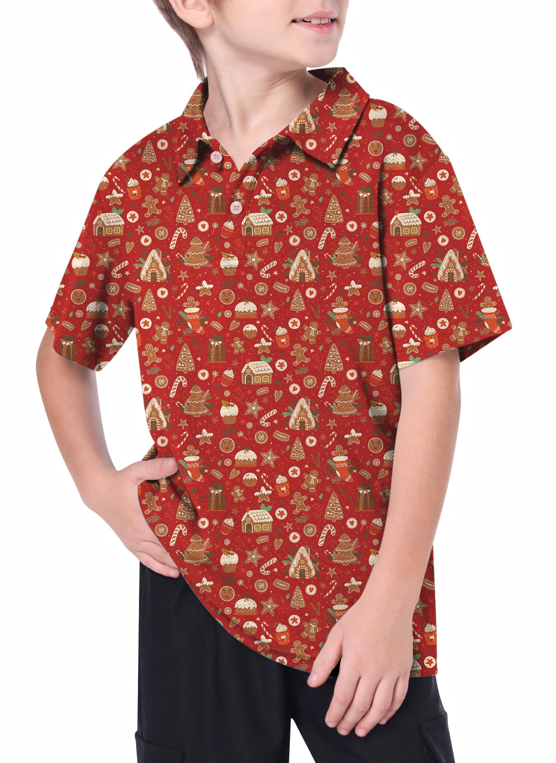 Youth red Christmas candy house golf polo shirt with holiday-themed pattern on a boy model
