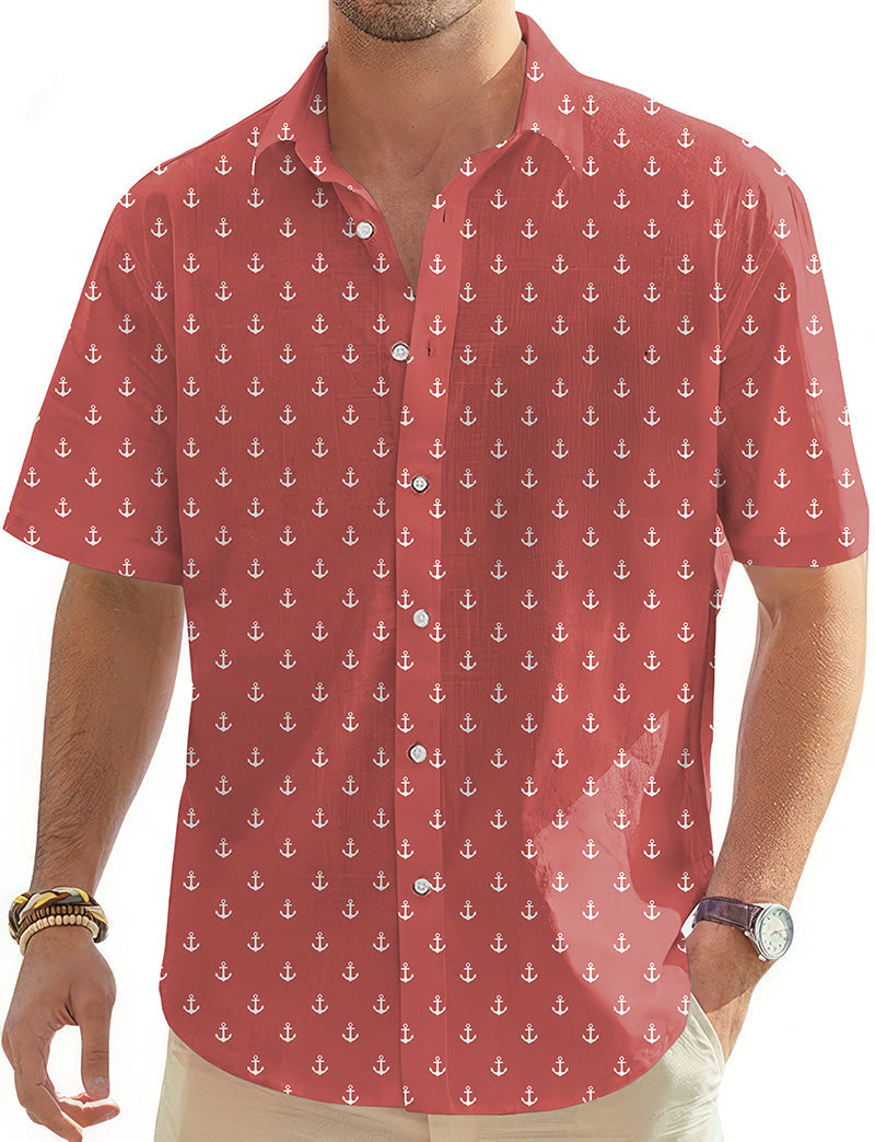 Men's pink red anchor Hawaiian short sleeve button-down golf shirt