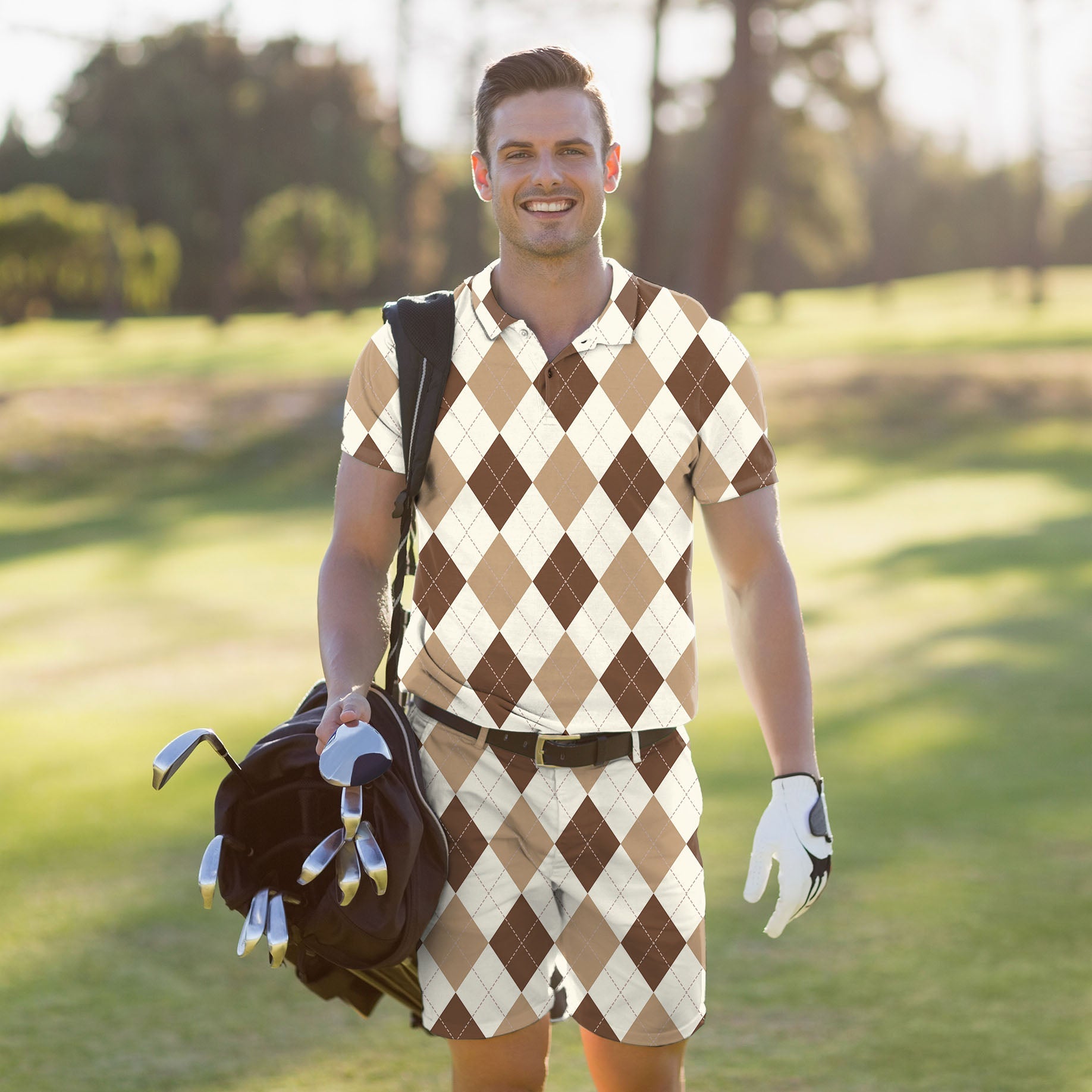 Men's golf set with brown argyle polo and shorts, lightweight, moisture-wicking, wrinkle-resistant, UPF 40+ protection, and four-way stretch for comfort and style.