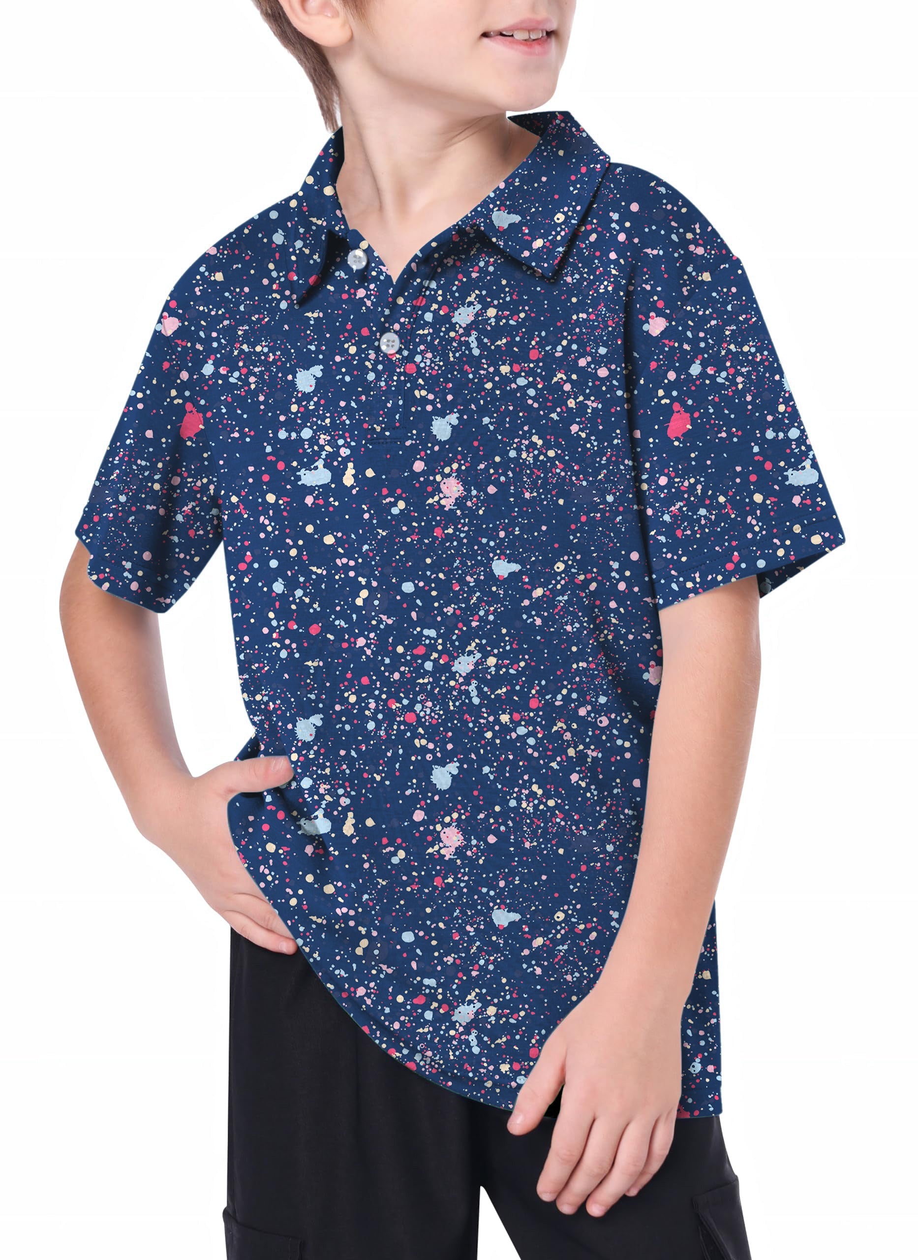 Youth navy blue ink dots golf polo with 4-way stretch and moisture-wicking fabric