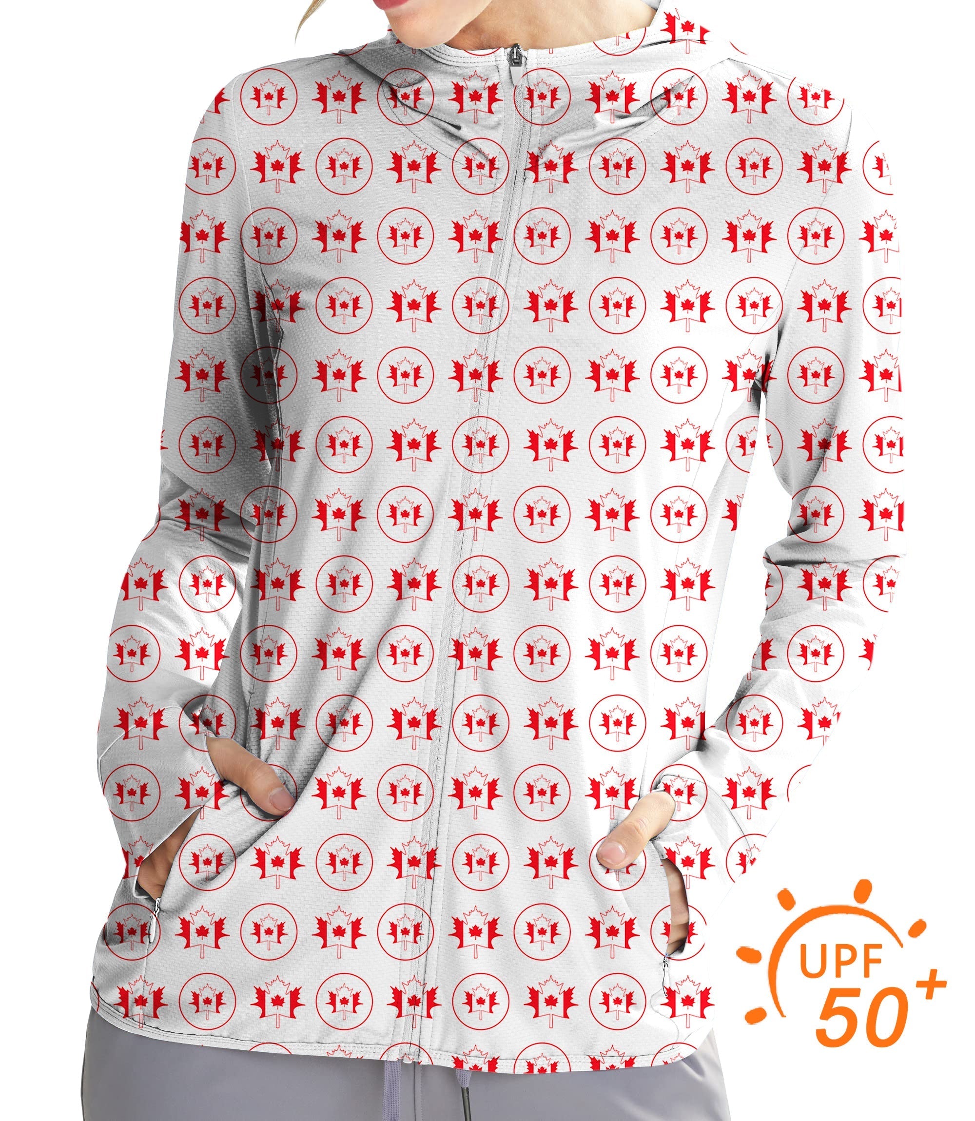 Women's Outdoor Circle Canada slim fit zip hoodie with maple leaf pattern and UPF 50+ sun protection