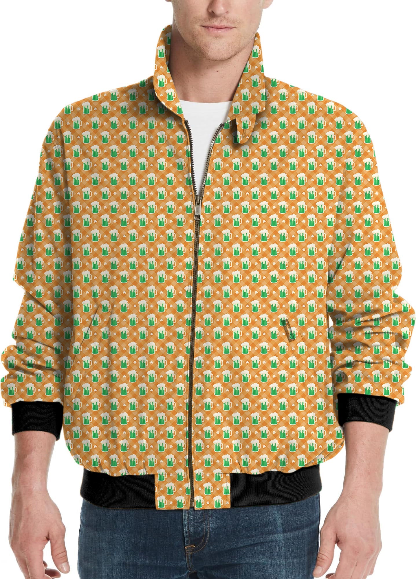 Men's St. Patrick's Day golf windbreaker jacket with green beer and clover leaf pattern
