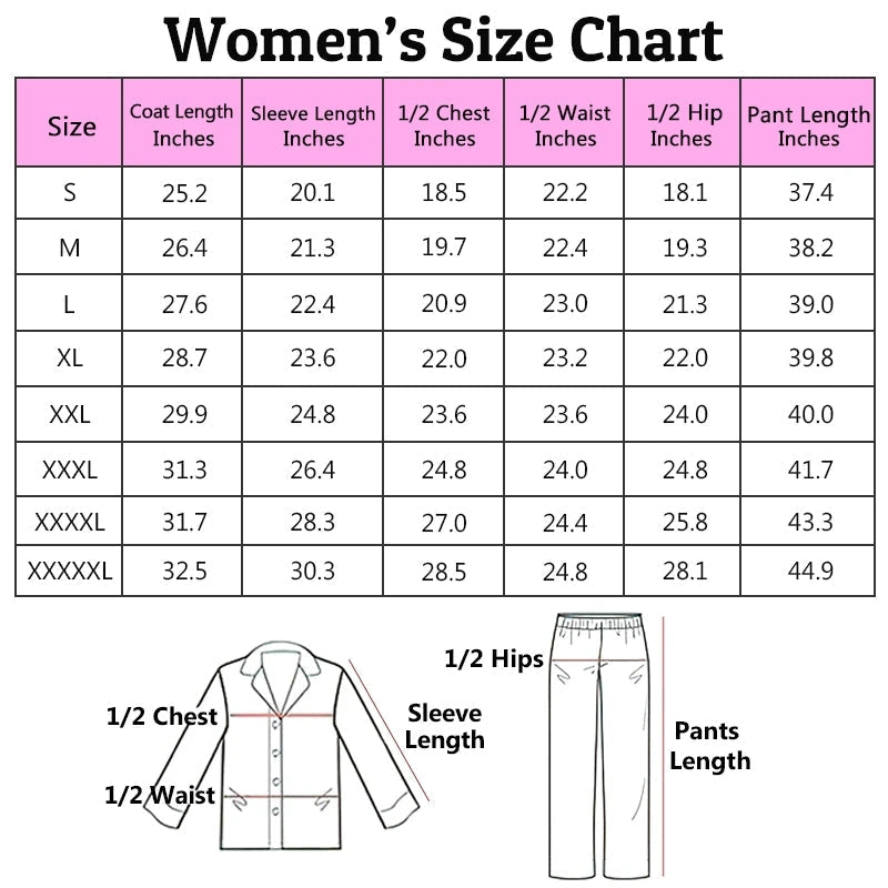 Size chart for women's custom red heart photo couples pajamas suit with long sleeve sleepwear and custom funny face photo design